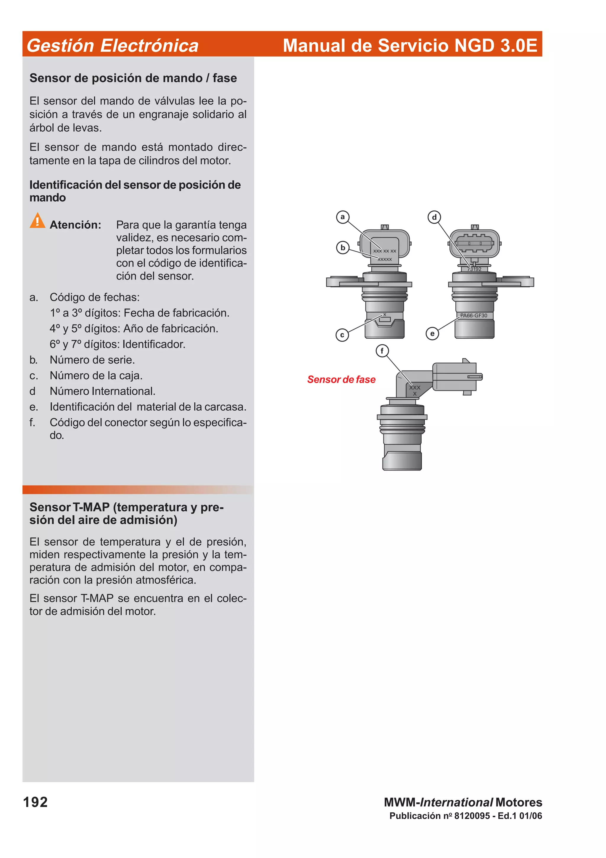 Manual de Servicio NGD 3.0EGestión Electrónica
192
Publicación no
8120095 - Ed.1 01/06
MWM-International Motores
Sensor de posición de mando / fase
El sensor del mando de válvulas lee la po-
sición a través de un engranaje solidario al
árbol de levas.
El sensor de mando está montado direc-
tamente en la tapa de cilindros del motor.
Identificación del sensor de posición de
mando
Atención: Para que la garantía tenga
validez, es necesario com-
pletar todos los formularios
con el código de identifica-
ción del sensor.
a. Código de fechas:
1º a 3º dígitos: Fecha de fabricación.
4º y 5º dígitos: Año de fabricación.
6º y 7º dígitos: Identificador.
b. Número de serie.
c. Número de la caja.
d Número International.
e. Identificación del material de la carcasa.
f. Código del conector según lo especifica-
do.
Sensor de fase
SensorT-MAP (temperatura y pre-
sión del aire de admisión)
El sensor de temperatura y el de presión,
miden respectivamente la presión y la tem-
peratura de admisión del motor, en compa-
ración con la presión atmosférica.
El sensor T-MAP se encuentra en el colec-
tor de admisión del motor.
 