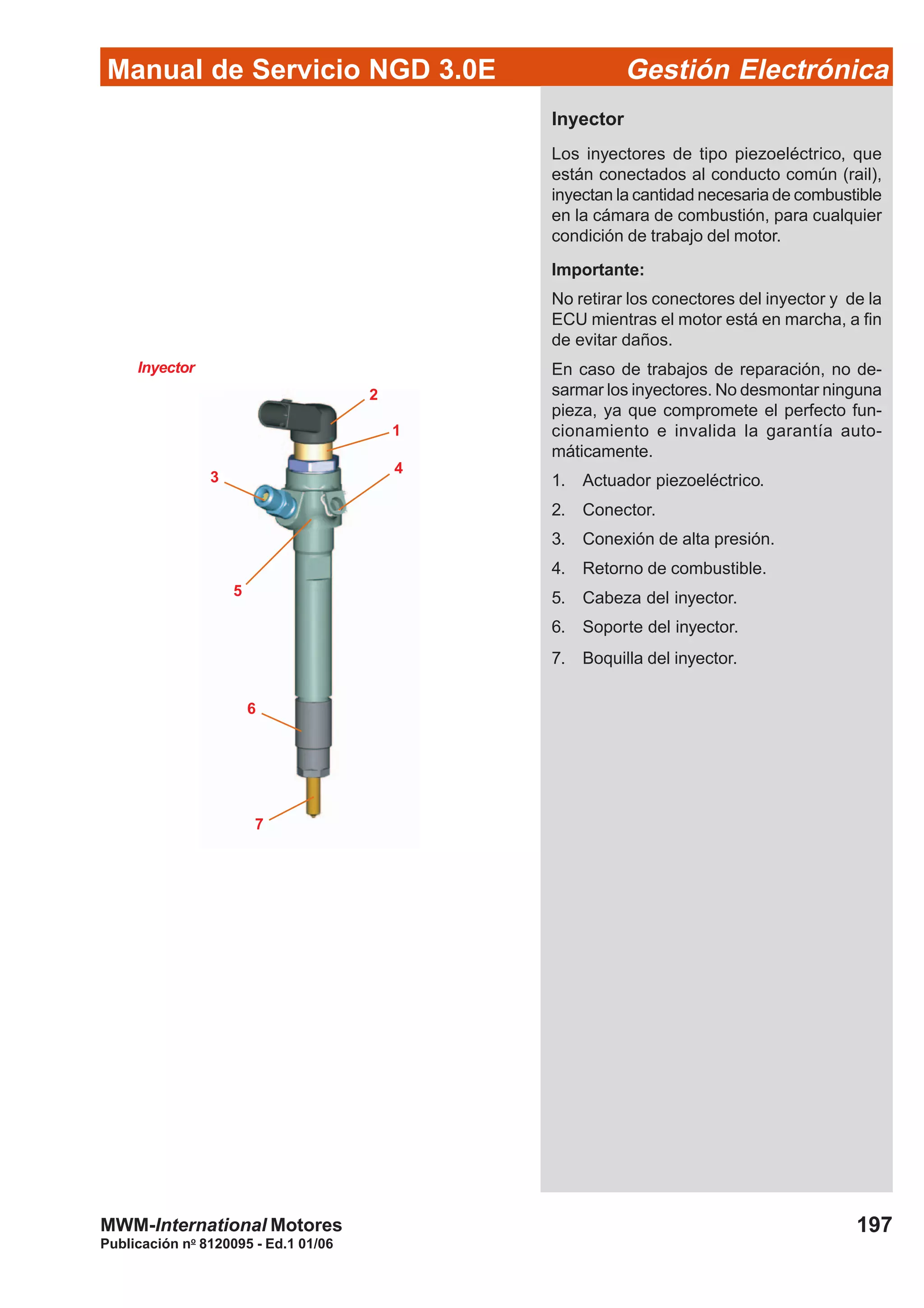 Manual de Servicio NGD 3.0E Gestión Electrónica
197
Publicación no
8120095 - Ed.1 01/06
MWM-International Motores
Inyector
Los inyectores de tipo piezoeléctrico, que
están conectados al conducto común (rail),
inyectan la cantidad necesaria de combustible
en la cámara de combustión, para cualquier
condición de trabajo del motor.
Importante:
No retirar los conectores del inyector y de la
ECU mientras el motor está en marcha, a fin
de evitar daños.
En caso de trabajos de reparación, no de-
sarmar los inyectores. No desmontar ninguna
pieza, ya que compromete el perfecto fun-
cionamiento e invalida la garantía auto-
máticamente.
1. Actuador piezoeléctrico.
2. Conector.
3. Conexión de alta presión.
4. Retorno de combustible.
5. Cabeza del inyector.
6. Soporte del inyector.
7. Boquilla del inyector.
Inyector
5
4
6
7
3
1
2
 