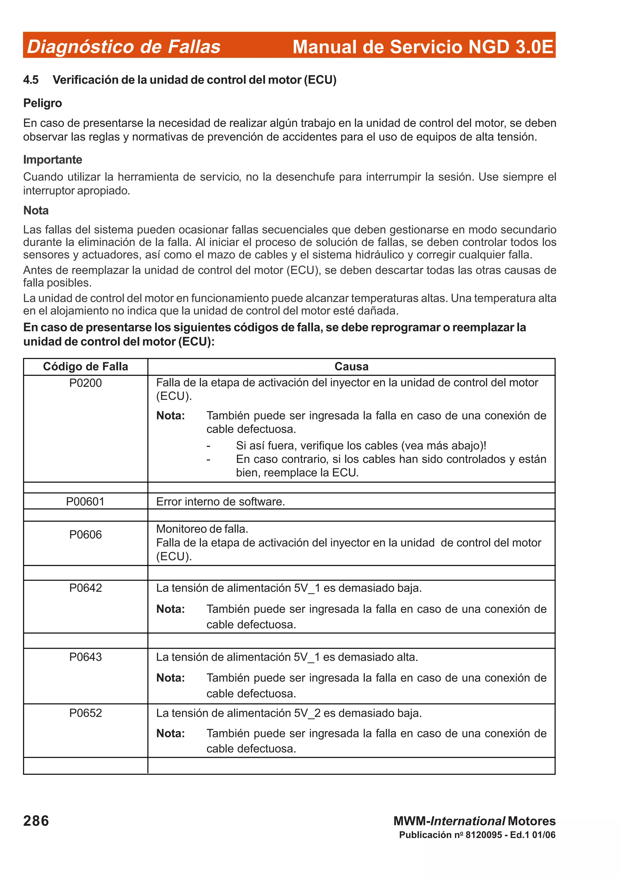 Diagnóstico de Fallas
Publicación no
8120095 - Ed.1 01/06
Manual de Servicio NGD 3.0E
286 MWM-International Motores
4.5 Verificación de la unidad de control del motor (ECU)
Peligro
En caso de presentarse la necesidad de realizar algún trabajo en la unidad de control del motor, se deben
observar las reglas y normativas de prevención de accidentes para el uso de equipos de alta tensión.
Importante
Cuando utilizar la herramienta de servicio, no la desenchufe para interrumpir la sesión. Use siempre el
interruptor apropiado.
Nota
Las fallas del sistema pueden ocasionar fallas secuenciales que deben gestionarse en modo secundario
durante la eliminación de la falla. Al iniciar el proceso de solución de fallas, se deben controlar todos los
sensores y actuadores, así como el mazo de cables y el sistema hidráulico y corregir cualquier falla.
Antes de reemplazar la unidad de control del motor (ECU), se deben descartar todas las otras causas de
falla posibles.
La unidad de control del motor en funcionamiento puede alcanzar temperaturas altas. Una temperatura alta
en el alojamiento no indica que la unidad de control del motor esté dañada.
En caso de presentarse los siguientes códigos de falla, se debe reprogramar o reemplazar la
unidad de control del motor (ECU):
Código de Falla Causa
P0200 Falla de la etapa de activación del inyector en la unidad de control del motor
(ECU).
Nota: También puede ser ingresada la falla en caso de una conexión de
cable defectuosa.
- Si así fuera, verifique los cables (vea más abajo)!
- En caso contrario, si los cables han sido controlados y están
bien, reemplace la ECU.
P00601 Error interno de software.
P0606
Monitoreo de falla.
Falla de la etapa de activación del inyector en la unidad de control del motor
(ECU).
P0642 La tensión de alimentación 5V_1 es demasiado baja.
Nota: También puede ser ingresada la falla en caso de una conexión de
cable defectuosa.
P0643 La tensión de alimentación 5V_1 es demasiado alta.
Nota: También puede ser ingresada la falla en caso de una conexión de
cable defectuosa.
P0652 La tensión de alimentación 5V_2 es demasiado baja.
Nota: También puede ser ingresada la falla en caso de una conexión de
cable defectuosa.
 