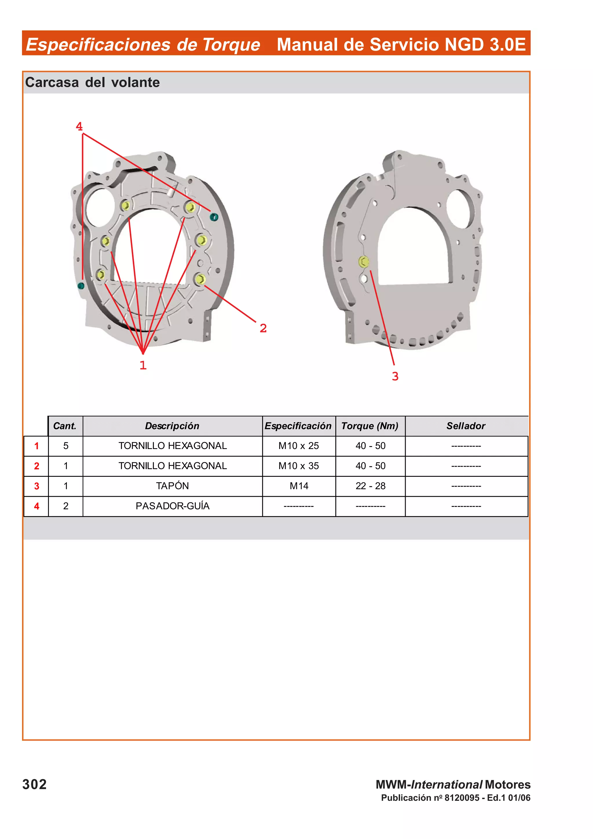 Manual de Servicio NGD 3.0EEspecificaciones de Torque
302
Publicación no
8120095 - Ed.1 01/06
MWM-International Motores
Carcasa del volante
Cant. Descripción Especificación Torque (Nm) Sellador
1 5 TORNILLO HEXAGONAL M10 x 25 40 - 50 ----------
2 1 TORNILLO HEXAGONAL M10 x 35 40 - 50 ----------
3 1 TAPÓN M14 22 - 28 ----------
4 2 PASADOR-GUÍA ---------- ---------- ----------
44444
33333
22222
11111
 