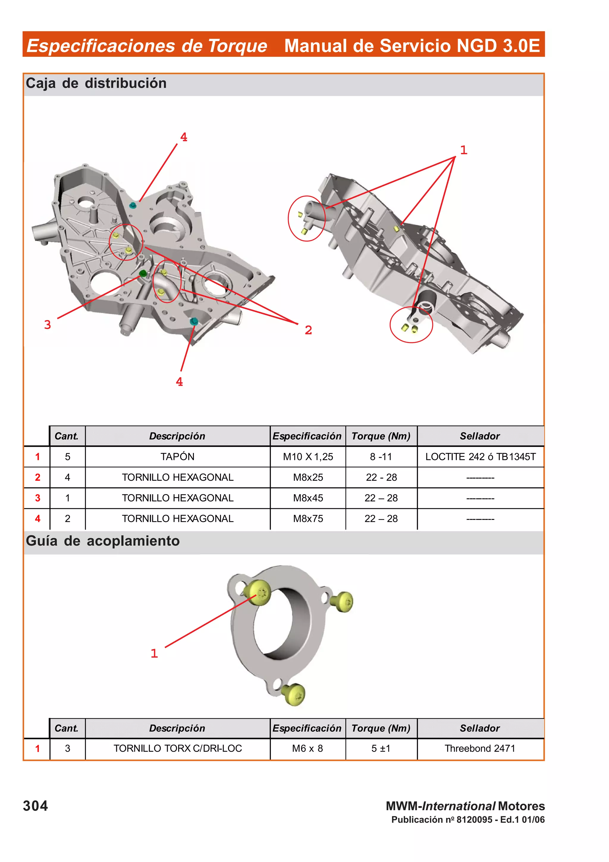 Manual de Servicio NGD 3.0EEspecificaciones de Torque
304
Publicación no
8120095 - Ed.1 01/06
MWM-International Motores
Caja de distribución
Guía de acoplamiento
Cant. Descripción Especificación Torque (Nm) Sellador
1 5 TAPÓN M10 X 1,25 8 -11 LOCTITE 242 ó TB1345T
2 4 TORNILLO HEXAGONAL M8x25 22 - 28 ---------
3 1 TORNILLO HEXAGONAL M8x45 22 – 28 ---------
4 2 TORNILLO HEXAGONAL M8x75 22 – 28 ---------
Cant. Descripción Especificación Torque (Nm) Sellador
1 3 TORNILLO TORX C/DRI-LOC M6 x 8 5 ±1 Threebond 2471
11111
11111
33333
44444
22222
44444
 