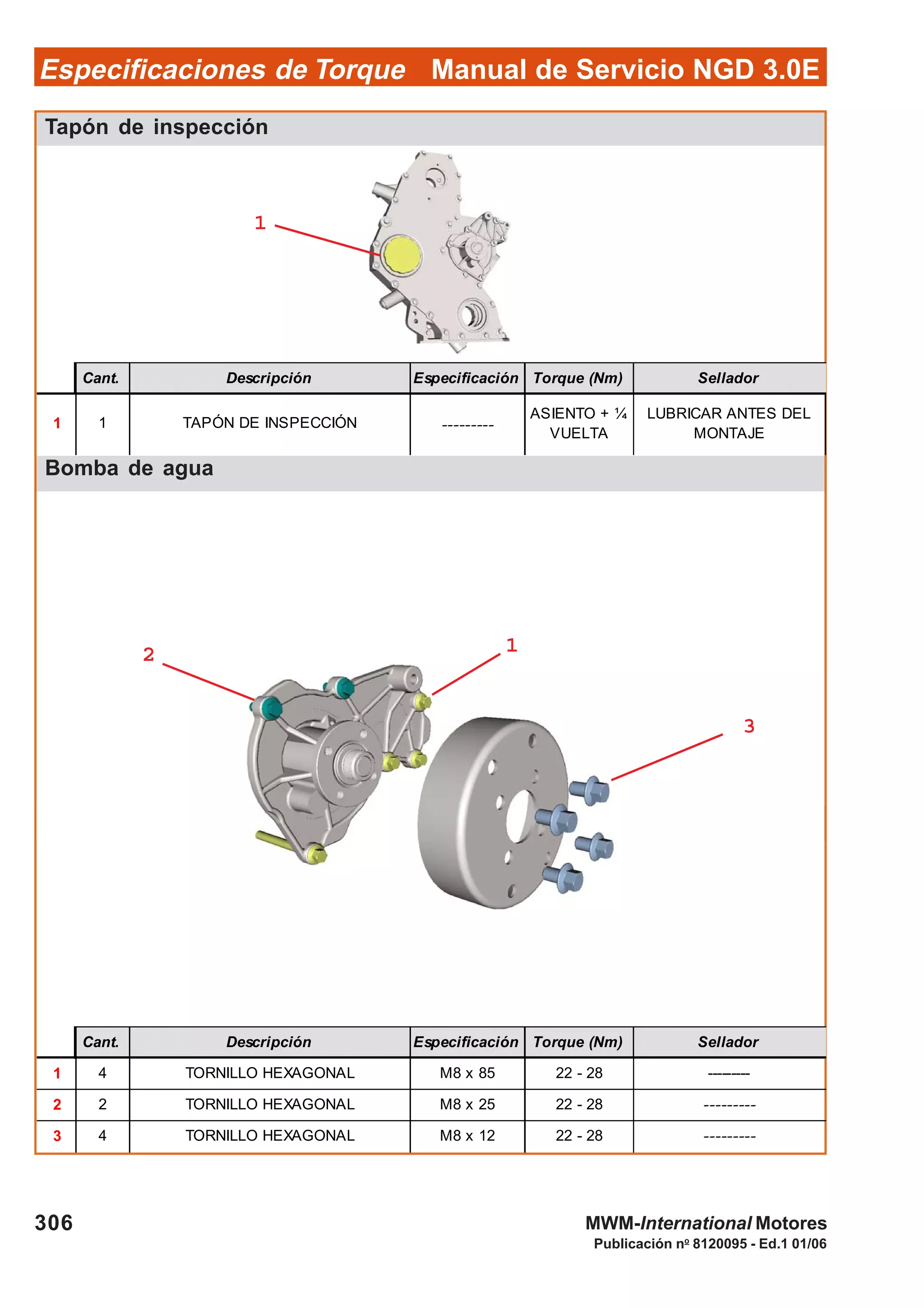 Manual de Servicio NGD 3.0EEspecificaciones de Torque
306
Publicación no
8120095 - Ed.1 01/06
MWM-International Motores
Tapón de inspección
Bomba de agua
Cant. Descripción Especificación Torque (Nm) Sellador
1 1 TAPÓN DE INSPECCIÓN ---------
ASIENTO + ¼
VUELTA
LUBRICAR ANTES DEL
MONTAJE
Cant. Descripción Especificación Torque (Nm) Sellador
1 4 TORNILLO HEXAGONAL M8 x 85 22 - 28 ---------
2 2 TORNILLO HEXAGONAL M8 x 25 22 - 28 ---------
3 4 TORNILLO HEXAGONAL M8 x 12 22 - 28 ---------
11111
22222 11111
33333
 