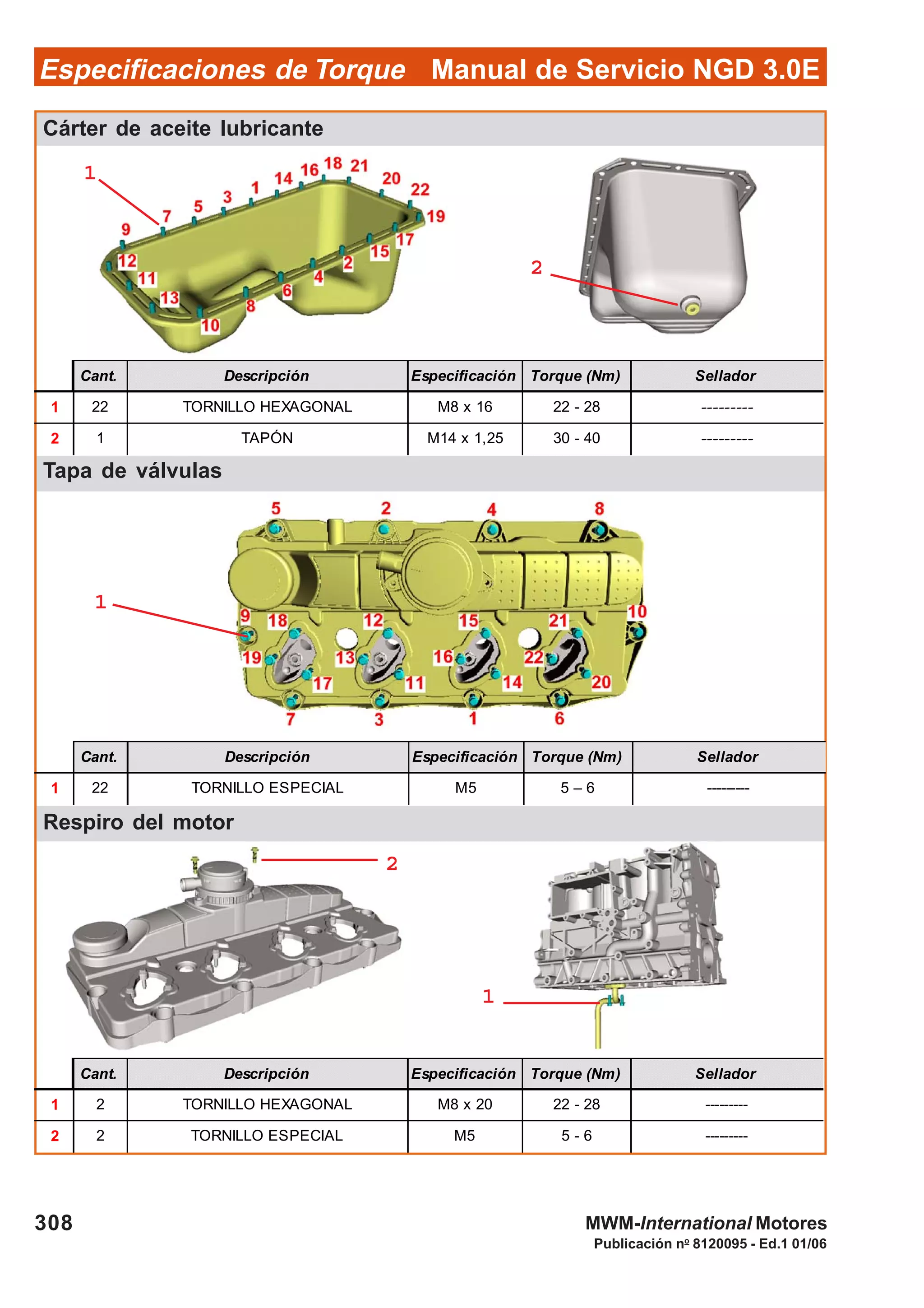 Manual de Servicio NGD 3.0EEspecificaciones de Torque
308
Publicación no
8120095 - Ed.1 01/06
MWM-International Motores
Cárter de aceite lubricante
Respiro del motor
Tapa de válvulas
Cant. Descripción Especificación Torque (Nm) Sellador
1 22 TORNILLO HEXAGONAL M8 x 16 22 - 28 ---------
2 1 TAPÓN M14 x 1,25 30 - 40 ---------
Cant. Descripción Especificación Torque (Nm) Sellador
1 22 TORNILLO ESPECIAL M5 5 – 6 ---------
Cant. Descripción Especificación Torque (Nm) Sellador
1 2 TORNILLO HEXAGONAL M8 x 20 22 - 28 ---------
2 2 TORNILLO ESPECIAL M5 5 - 6 ---------
22222
11111
11111
22222
11111
 
