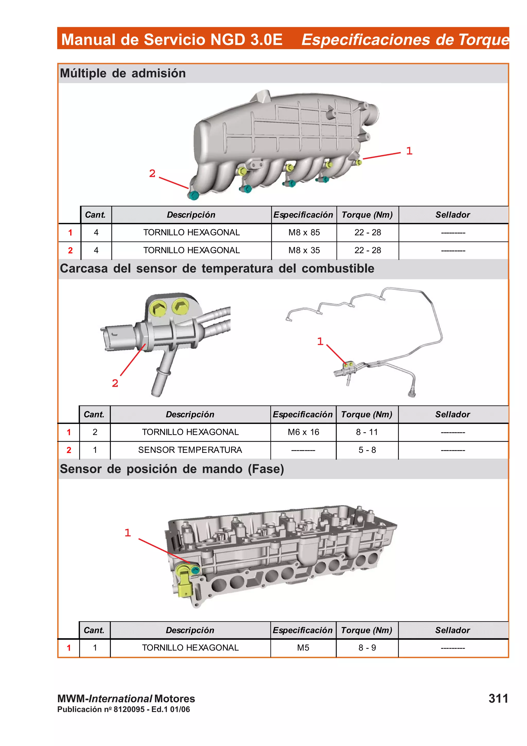 Manual de Servicio NGD 3.0E Especificaciones de Torque
311
Publicación no
8120095 - Ed.1 01/06
MWM-International Motores
Múltiple de admisión
Carcasa del sensor de temperatura del combustible
Sensor de posición de mando (Fase)
Cant. Descripción Especificación Torque (Nm) Sellador
1 4 TORNILLO HEXAGONAL M8 x 85 22 - 28 ---------
2 4 TORNILLO HEXAGONAL M8 x 35 22 - 28 ---------
Cant. Descripción Especificación Torque (Nm) Sellador
1 2 TORNILLO HEXAGONAL M6 x 16 8 - 11 ---------
2 1 SENSOR TEMPERATURA --------- 5 - 8 ---------
Cant. Descripción Especificación Torque (Nm) Sellador
1 1 TORNILLO HEXAGONAL M5 8 - 9 ---------
11111
22222
11111
22222
11111
 