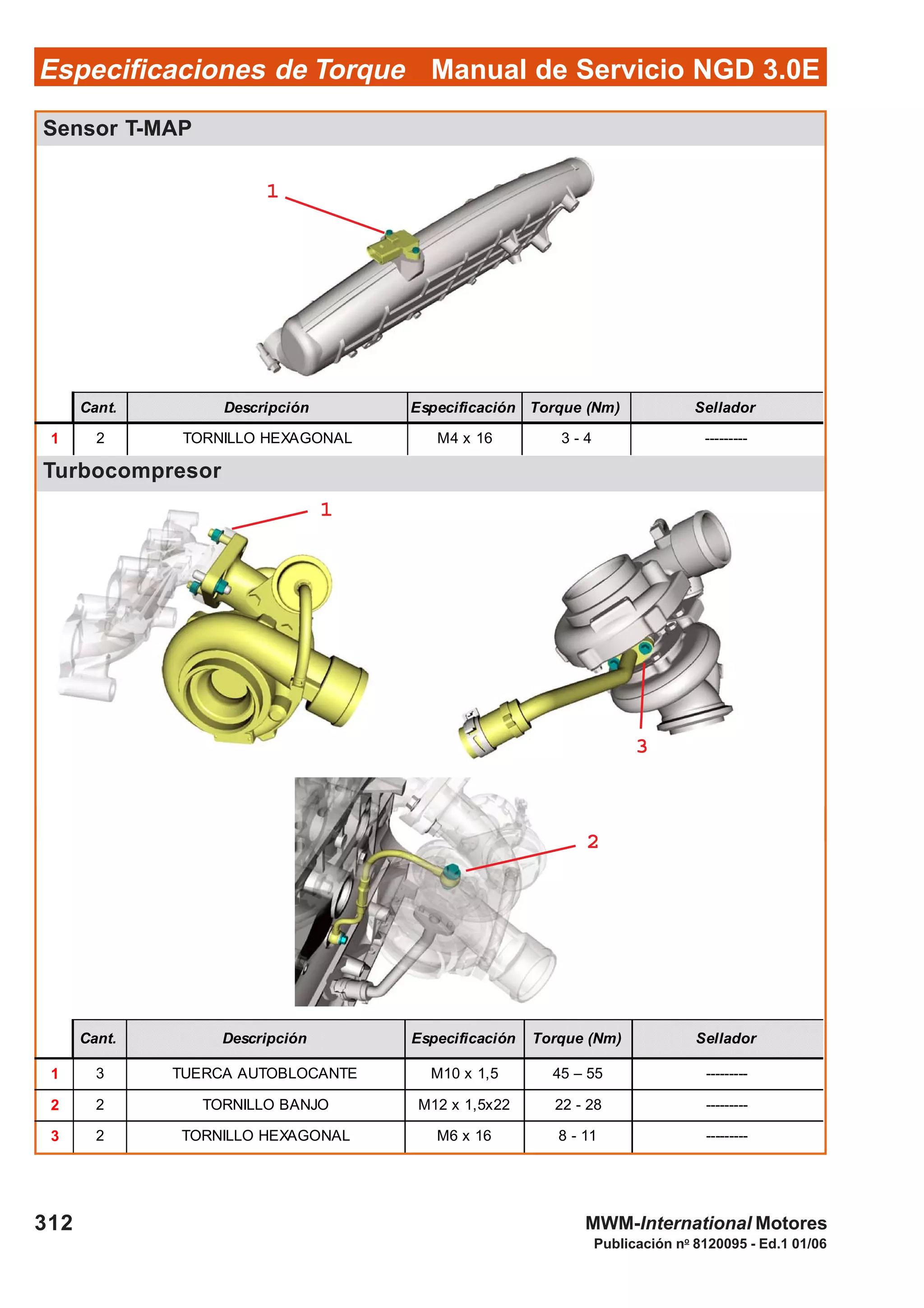 Manual de Servicio NGD 3.0EEspecificaciones de Torque
312
Publicación no
8120095 - Ed.1 01/06
MWM-International Motores
Sensor T-MAP
Turbocompresor
Cant. Descripción Especificación Torque (Nm) Sellador
1 2 TORNILLO HEXAGONAL M4 x 16 3 - 4 ---------
Cant. Descripción Especificación Torque (Nm) Sellador
1 3 TUERCA AUTOBLOCANTE M10 x 1,5 45 – 55 ---------
2 2 TORNILLO BANJO M12 x 1,5x22 22 - 28 ---------
3 2 TORNILLO HEXAGONAL M6 x 16 8 - 11 ---------
11111
11111
22222
33333
 