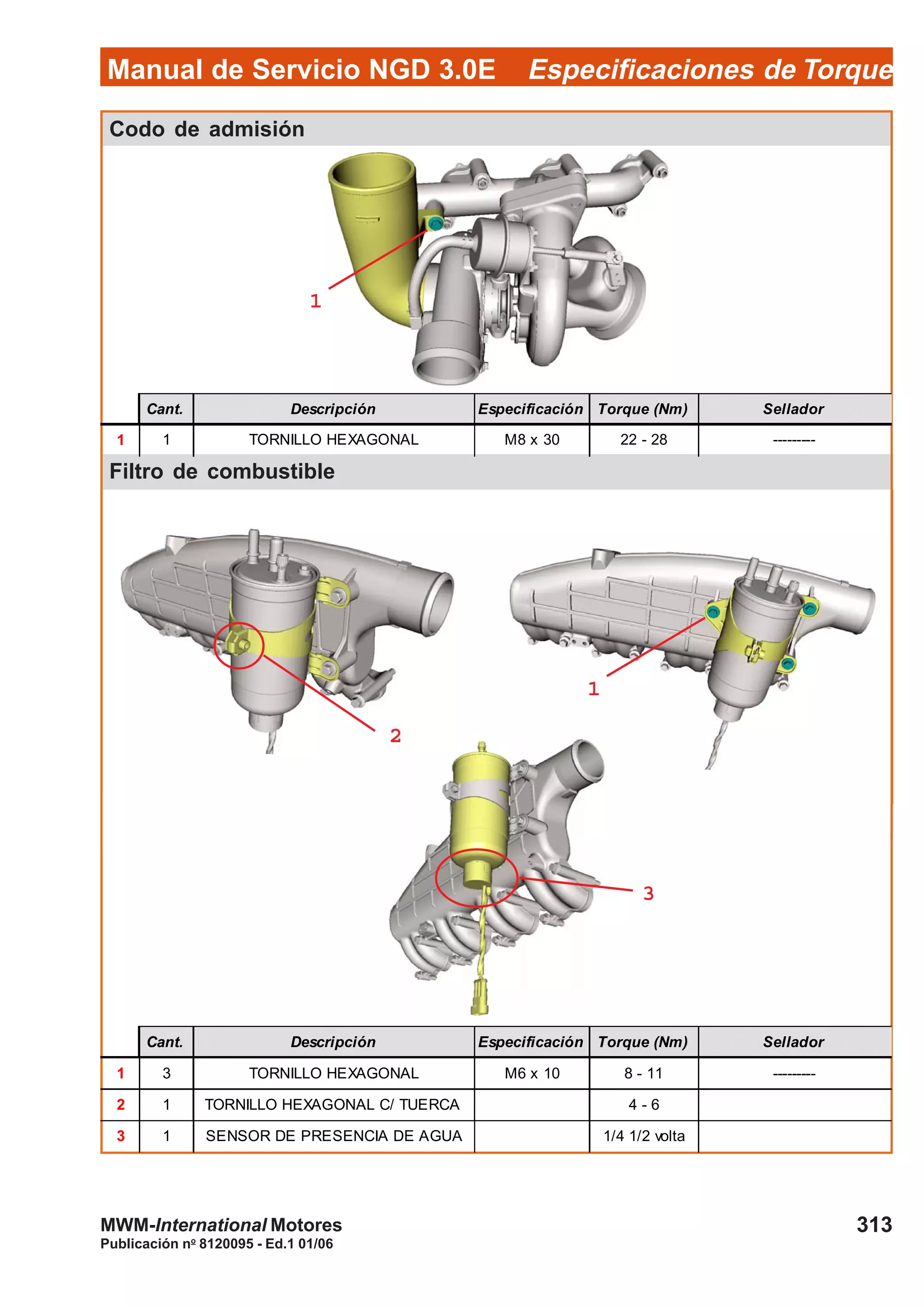 Manual de Servicio NGD 3.0E Especificaciones de Torque
313
Publicación no
8120095 - Ed.1 01/06
MWM-International Motores
Filtro de combustible
Codo de admisión
Cant. Descripción Especificación Torque (Nm) Sellador
1 1 TORNILLO HEXAGONAL M8 x 30 22 - 28 ---------
Cant. Descripción Especificación Torque (Nm) Sellador
1 3 TORNILLO HEXAGONAL M6 x 10 8 - 11 ---------
2 1 TORNILLO HEXAGONAL C/ TUERCA 4 - 6
3 1 SENSOR DE PRESENCIA DE AGUA 1/4 1/2 volta
11111
22222
11111
33333
 