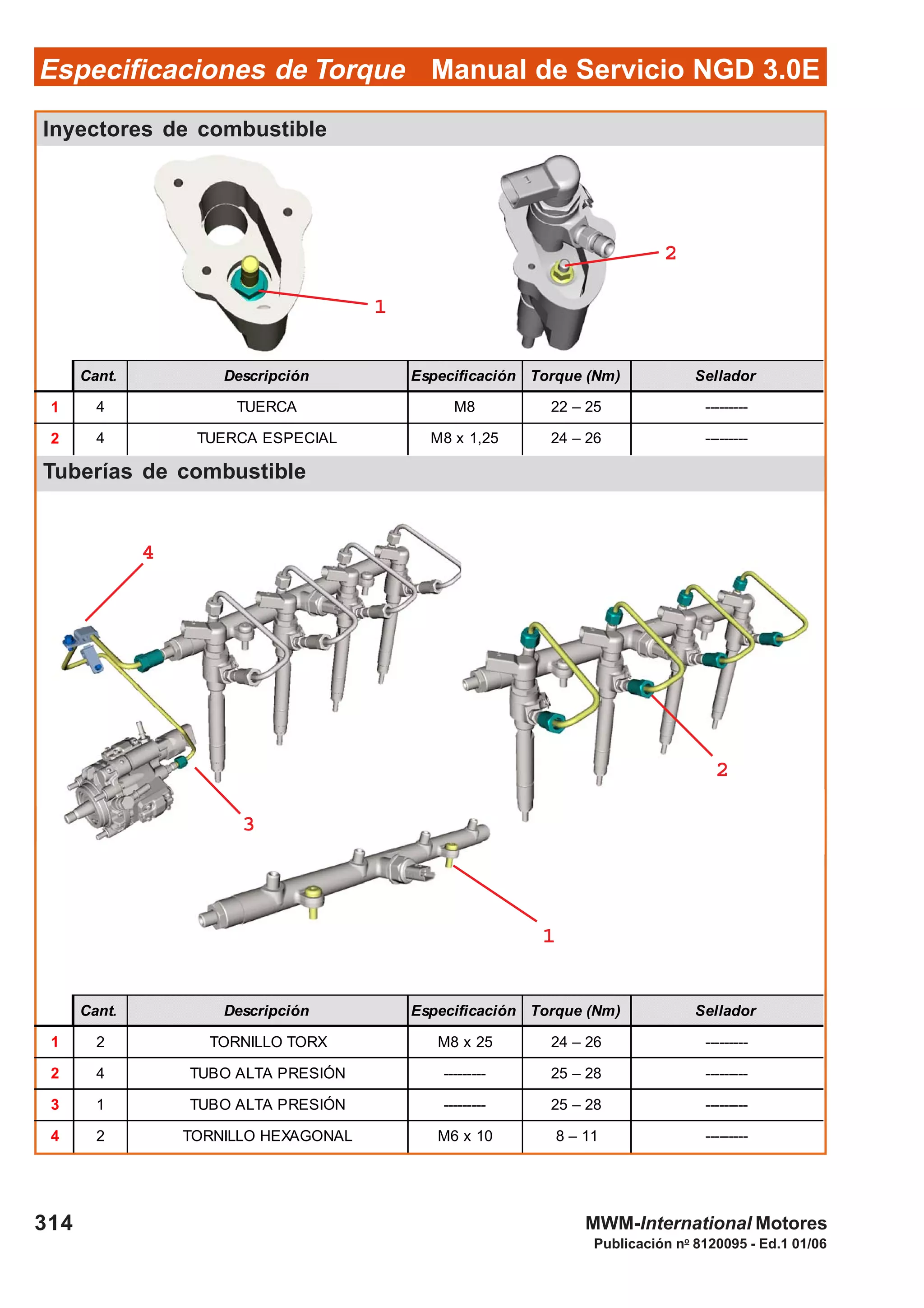 Manual de Servicio NGD 3.0EEspecificaciones de Torque
314
Publicación no
8120095 - Ed.1 01/06
MWM-International Motores
Inyectores de combustible
Tuberías de combustible
Cant. Descripción Especificación Torque (Nm) Sellador
1 4 TUERCA M8 22 – 25 ---------
2 4 TUERCA ESPECIAL M8 x 1,25 24 – 26 ---------
Cant. Descripción Especificación Torque (Nm) Sellador
1 2 TORNILLO TORX M8 x 25 24 – 26 ---------
2 4 TUBO ALTA PRESIÓN --------- 25 – 28 ---------
3 1 TUBO ALTA PRESIÓN --------- 25 – 28 ---------
4 2 TORNILLO HEXAGONAL M6 x 10 8 – 11 ---------
22222
11111
33333
44444
11111
22222
 