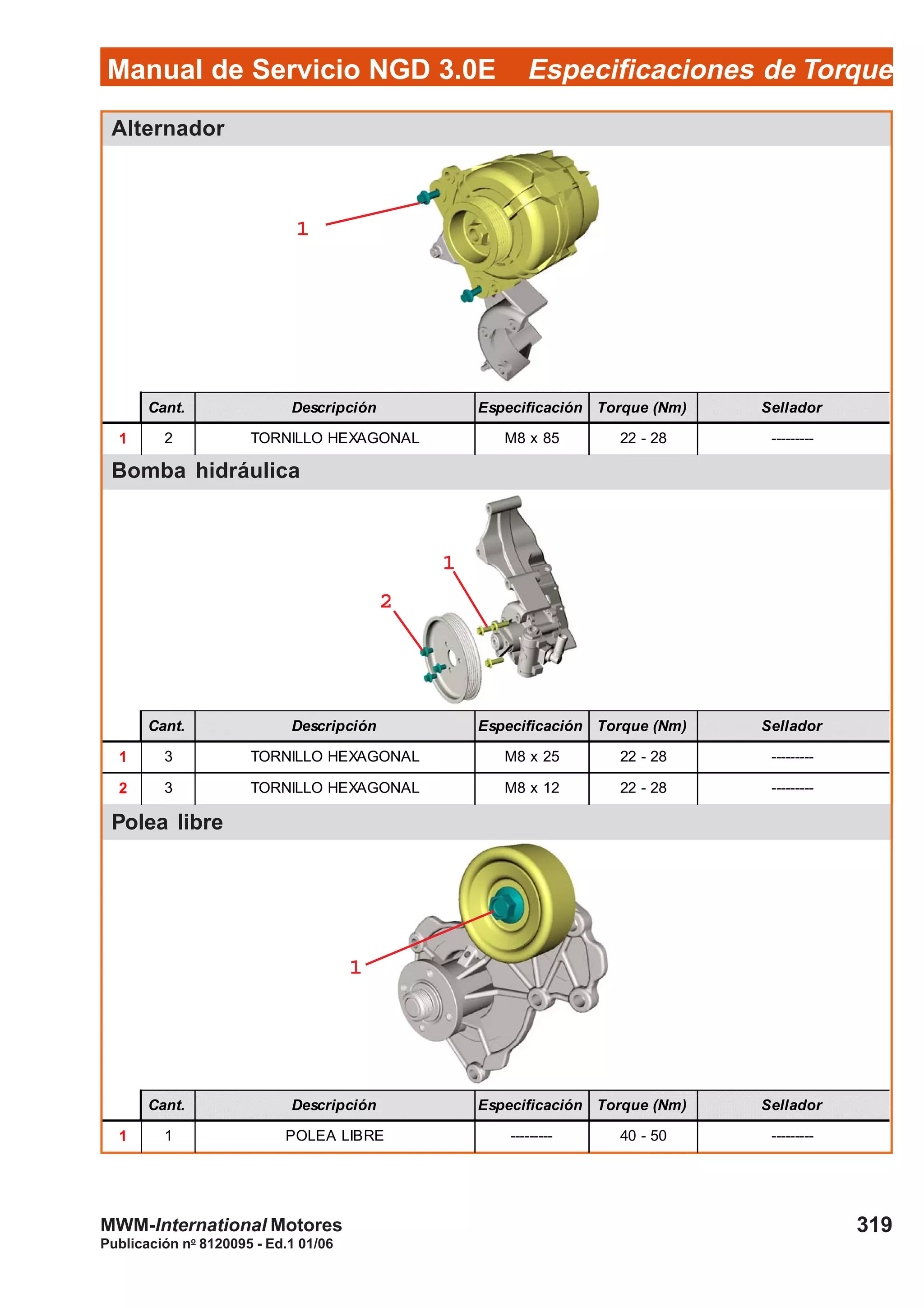 Manual de Servicio NGD 3.0E Especificaciones de Torque
319
Publicación no
8120095 - Ed.1 01/06
MWM-International Motores
Alternador
Bomba hidráulica
Polea libre
Cant. Descripción Especificación Torque (Nm) Sellador
1 2 TORNILLO HEXAGONAL M8 x 85 22 - 28 ---------
Cant. Descripción Especificación Torque (Nm) Sellador
1 3 TORNILLO HEXAGONAL M8 x 25 22 - 28 ---------
2 3 TORNILLO HEXAGONAL M8 x 12 22 - 28 ---------
Cant. Descripción Especificación Torque (Nm) Sellador
1 1 POLEA LIBRE --------- 40 - 50 ---------
11111
11111
11111
22222
 