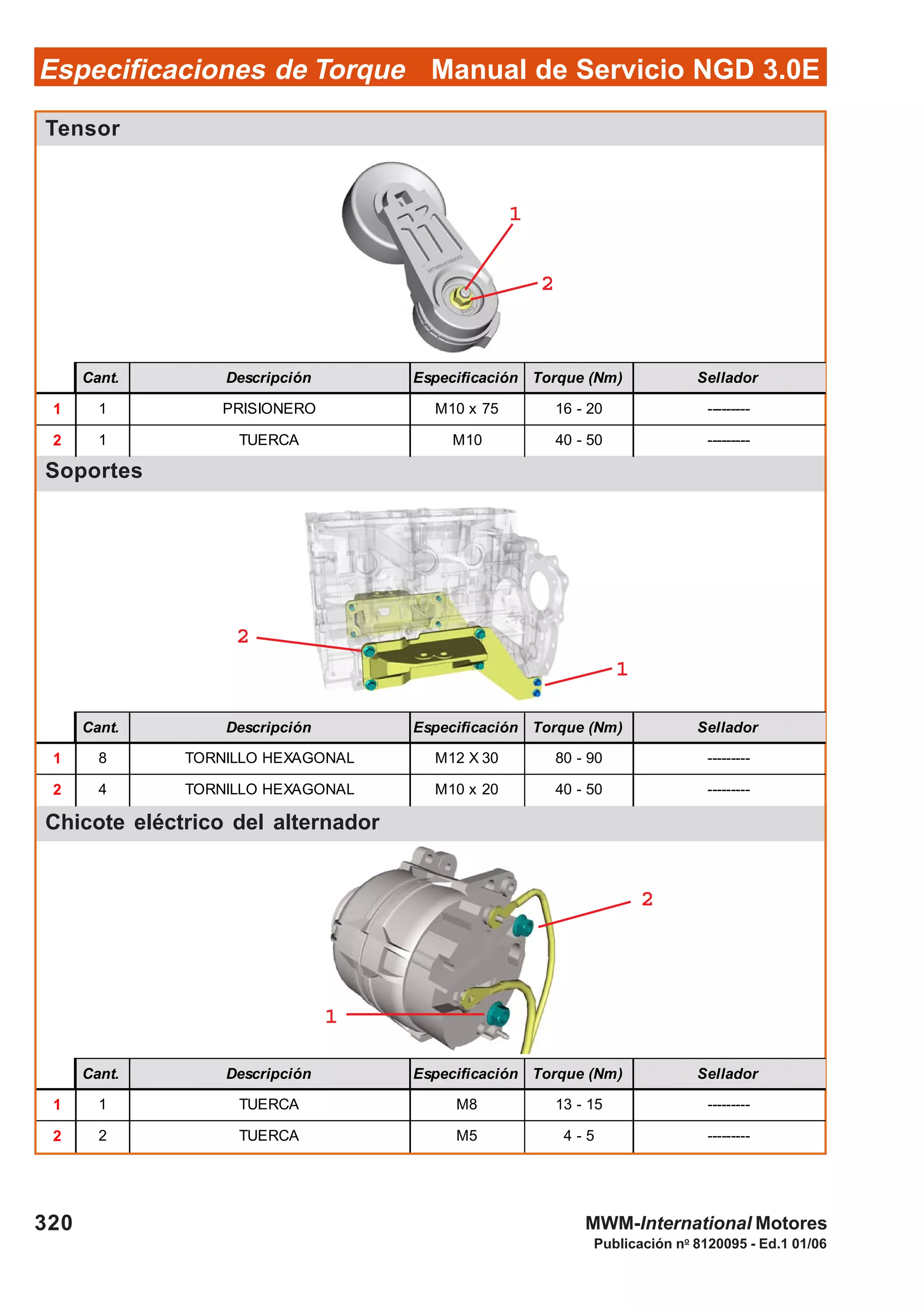 Manual de Servicio NGD 3.0EEspecificaciones de Torque
320
Publicación no
8120095 - Ed.1 01/06
MWM-International Motores
Tensor
Soportes
Chicote eléctrico del alternador
Cant. Descripción Especificación Torque (Nm) Sellador
1 1 PRISIONERO M10 x 75 16 - 20 ---------
2 1 TUERCA M10 40 - 50 ---------
Cant. Descripción Especificación Torque (Nm) Sellador
1 8 TORNILLO HEXAGONAL M12 X 30 80 - 90 ---------
2 4 TORNILLO HEXAGONAL M10 x 20 40 - 50 ---------
Cant. Descripción Especificación Torque (Nm) Sellador
1 1 TUERCA M8 13 - 15 ---------
2 2 TUERCA M5 4 - 5 ---------
11111
22222
22222
11111
22222
11111
 