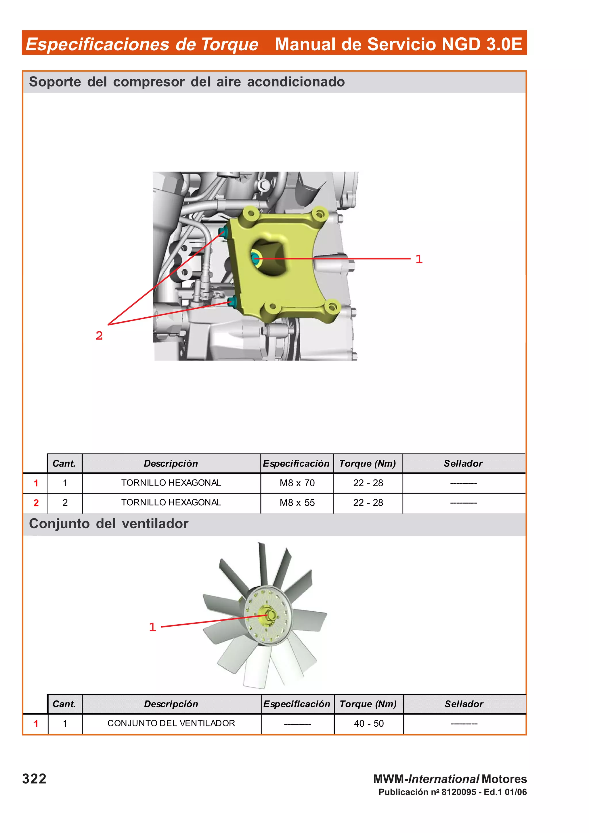 Manual de Servicio NGD 3.0EEspecificaciones de Torque
322
Publicación no
8120095 - Ed.1 01/06
MWM-International Motores
Soporte del compresor del aire acondicionado
Conjunto del ventilador
22222
11111
Cant. Descripción Especificación Torque (Nm) Sellador
1 1 TORNILLO HEXAGONAL M8 x 70 22 - 28 ---------
2 2 TORNILLO HEXAGONAL M8 x 55 22 - 28 ---------
Cant. Descripción Especificación Torque (Nm) Sellador
1 1 CONJUNTO DEL VENTILADOR --------- 40 - 50 ---------
11111
 