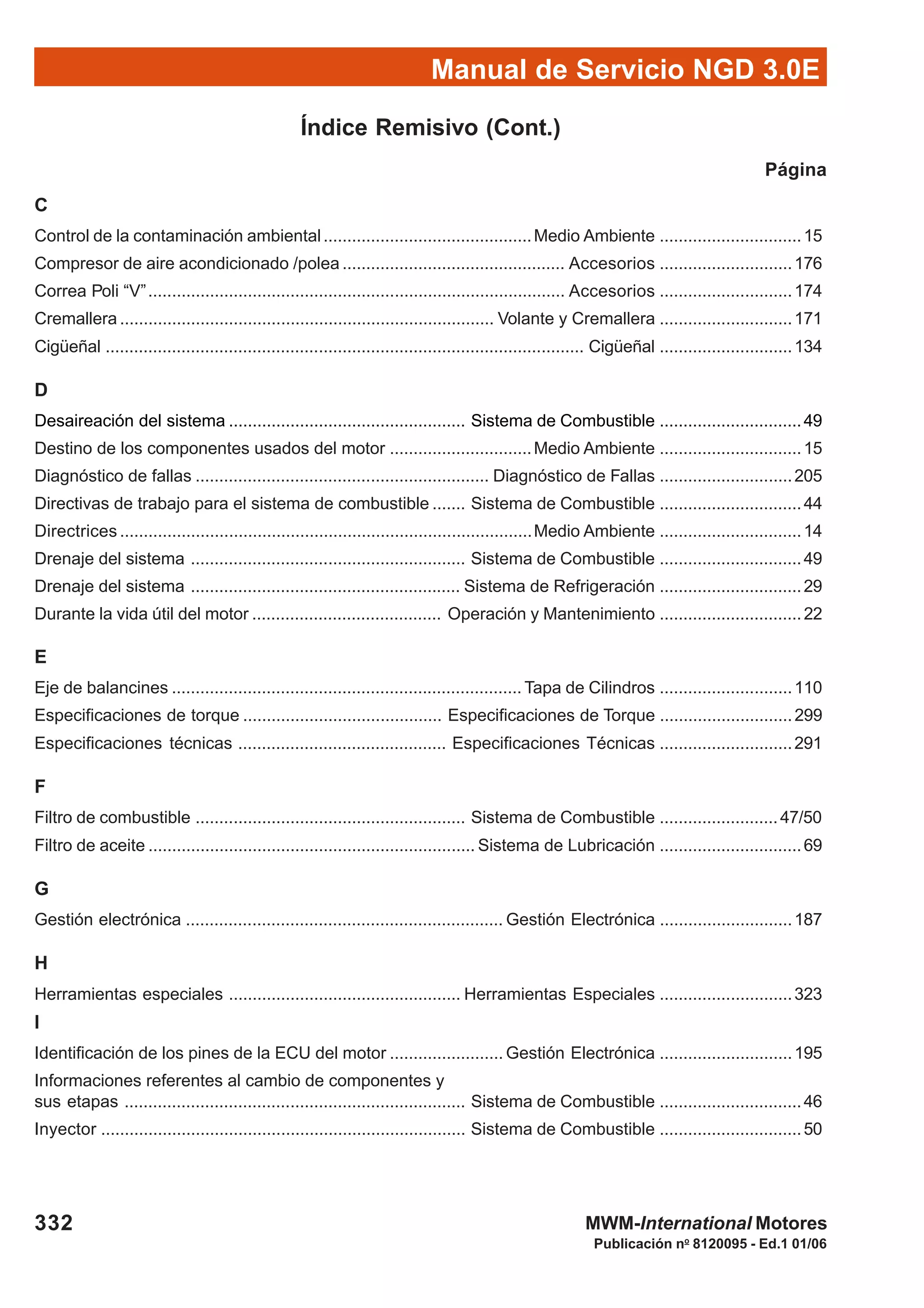 Manual de Servicio NGD 3.0E
332
Publicación no
8120095 - Ed.1 01/06
MWM-International Motores
Índice Remisivo (Cont.)
Página
C
Control de la contaminación ambiental............................................Medio Ambiente ..............................15
Compresor de aire acondicionado /polea ............................................... Accesorios ............................176
Correa Poli “V”........................................................................................ Accesorios ............................174
Cremallera ............................................................................... Volante y Cremallera ............................171
Cigüeñal ..................................................................................................... Cigüeñal ............................134
D
Desaireación del sistema .................................................. Sistema de Combustible ..............................49
Destino de los componentes usados del motor ..............................Medio Ambiente ..............................15
Diagnóstico de fallas .............................................................. Diagnóstico de Fallas ............................205
Directivas de trabajo para el sistema de combustible ....... Sistema de Combustible ..............................44
Directrices .......................................................................................Medio Ambiente ..............................14
Drenaje del sistema .......................................................... Sistema de Combustible ..............................49
Drenaje del sistema ......................................................... Sistema de Refrigeración ..............................29
Durante la vida útil del motor ........................................ Operación y Mantenimiento ..............................22
E
Eje de balancines .......................................................................... Tapa de Cilindros ............................110
Especificaciones de torque .......................................... Especificaciones de Torque ............................299
Especificaciones técnicas ............................................ Especificaciones Técnicas ............................291
F
Filtro de combustible ......................................................... Sistema de Combustible .........................47/50
Filtro de aceite ..................................................................... Sistema de Lubricación ..............................69
G
Gestión electrónica ................................................................... Gestión Electrónica ............................187
H
Herramientas especiales ................................................. Herramientas Especiales ............................323
I
Identificación de los pines de la ECU del motor ........................ Gestión Electrónica ............................195
Informaciones referentes al cambio de componentes y
sus etapas ........................................................................ Sistema de Combustible ..............................46
Inyector ............................................................................. Sistema de Combustible ..............................50
 