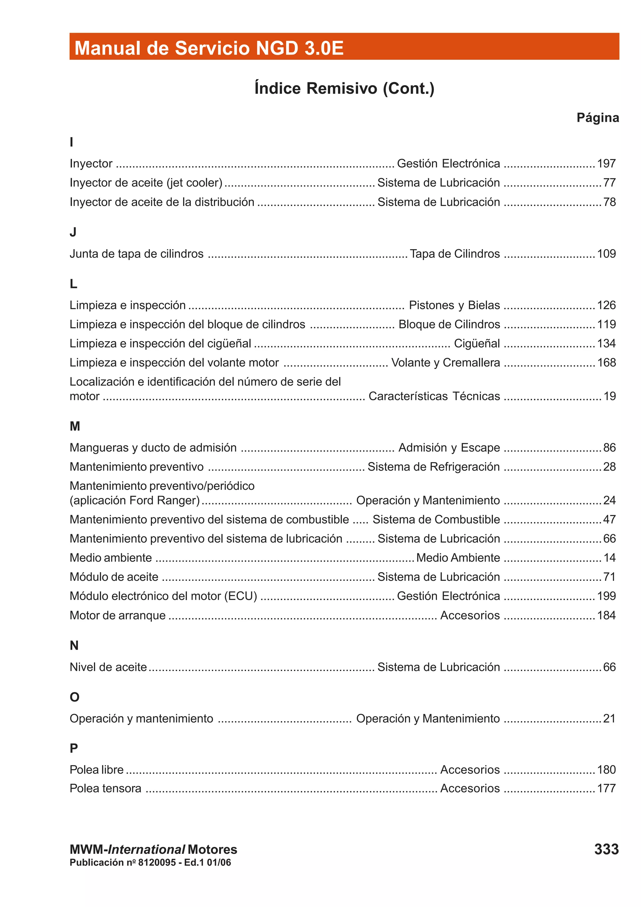 Manual de Servicio NGD 3.0E
333
Publicación no
8120095 - Ed.1 01/06
MWM-International Motores
Índice Remisivo (Cont.)
Página
I
Inyector ..................................................................................... Gestión Electrónica ............................197
Inyector de aceite (jet cooler) .............................................. Sistema de Lubricación ..............................77
Inyector de aceite de la distribución .................................... Sistema de Lubricación ..............................78
J
Junta de tapa de cilindros ............................................................. Tapa de Cilindros ............................109
L
Limpieza e inspección .................................................................. Pistones y Bielas ............................126
Limpieza e inspección del bloque de cilindros .......................... Bloque de Cilindros ............................119
Limpieza e inspección del cigüeñal ............................................................ Cigüeñal ............................134
Limpieza e inspección del volante motor ................................ Volante y Cremallera ............................168
Localización e identificación del número de serie del
motor ................................................................................ Características Técnicas ..............................19
M
Mangueras y ducto de admisión ............................................... Admisión y Escape ..............................86
Mantenimiento preventivo ................................................ Sistema de Refrigeración ..............................28
Mantenimiento preventivo/periódico
(aplicación Ford Ranger).............................................. Operación y Mantenimiento ..............................24
Mantenimiento preventivo del sistema de combustible ..... Sistema de Combustible ..............................47
Mantenimiento preventivo del sistema de lubricación ......... Sistema de Lubricación ..............................66
Medio ambiente ...............................................................................Medio Ambiente ..............................14
Módulo de aceite ................................................................. Sistema de Lubricación ..............................71
Módulo electrónico del motor (ECU) ......................................... Gestión Electrónica ............................199
Motor de arranque .................................................................................. Accesorios ............................184
N
Nivel de aceite..................................................................... Sistema de Lubricación ..............................66
O
Operación y mantenimiento ......................................... Operación y Mantenimiento ..............................21
P
Polea libre ............................................................................................... Accesorios ............................180
Polea tensora ......................................................................................... Accesorios ............................177
 
