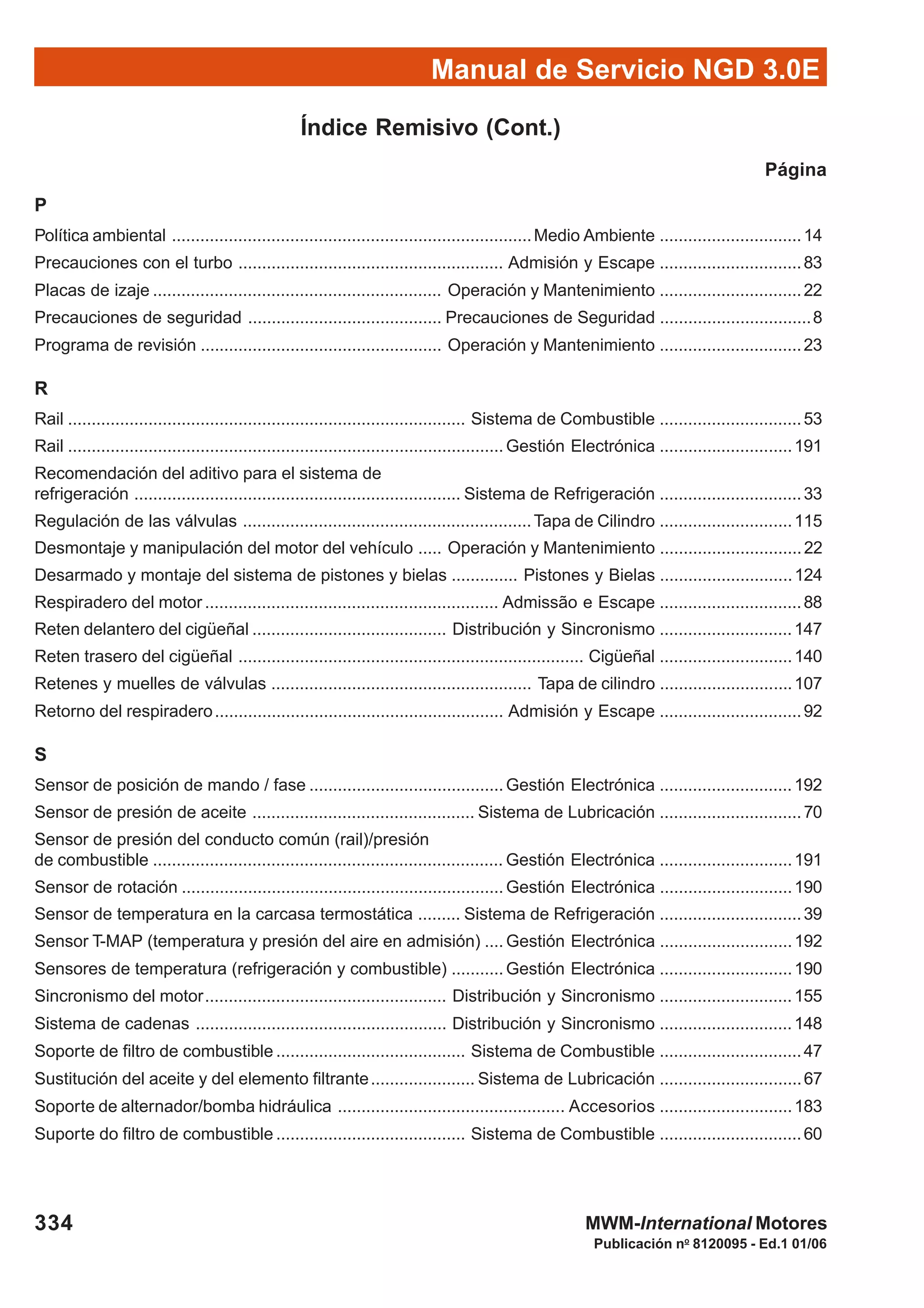 Manual de Servicio NGD 3.0E
334
Publicación no
8120095 - Ed.1 01/06
MWM-International Motores
Índice Remisivo (Cont.)
Página
P
Política ambiental ............................................................................Medio Ambiente ..............................14
Precauciones con el turbo ........................................................ Admisión y Escape ..............................83
Placas de izaje ............................................................. Operación y Mantenimiento ..............................22
Precauciones de seguridad ......................................... Precauciones de Seguridad ................................8
Programa de revisión ................................................... Operación y Mantenimiento ..............................23
R
Rail .................................................................................... Sistema de Combustible ..............................53
Rail ............................................................................................ Gestión Electrónica ............................191
Recomendación del aditivo para el sistema de
refrigeración ..................................................................... Sistema de Refrigeración ..............................33
Regulación de las válvulas .............................................................Tapa de Cilindro ............................115
Desmontaje y manipulación del motor del vehículo ..... Operación y Mantenimiento ..............................22
Desarmado y montaje del sistema de pistones y bielas .............. Pistones y Bielas ............................124
Respiradero del motor .............................................................. Admissão e Escape ..............................88
Reten delantero del cigüeñal ......................................... Distribución y Sincronismo ............................147
Reten trasero del cigüeñal ......................................................................... Cigüeñal ............................140
Retenes y muelles de válvulas ....................................................... Tapa de cilindro ............................107
Retorno del respiradero............................................................. Admisión y Escape ..............................92
S
Sensor de posición de mando / fase ......................................... Gestión Electrónica ............................192
Sensor de presión de aceite ............................................... Sistema de Lubricación ..............................70
Sensor de presión del conducto común (rail)/presión
de combustible .......................................................................... Gestión Electrónica ............................191
Sensor de rotación .................................................................... Gestión Electrónica ............................190
Sensor de temperatura en la carcasa termostática ......... Sistema de Refrigeración ..............................39
Sensor T-MAP (temperatura y presión del aire en admisión) .... Gestión Electrónica ............................192
Sensores de temperatura (refrigeración y combustible) ........... Gestión Electrónica ............................190
Sincronismo del motor................................................... Distribución y Sincronismo ............................155
Sistema de cadenas ..................................................... Distribución y Sincronismo ............................148
Soporte de filtro de combustible ........................................ Sistema de Combustible ..............................47
Sustitución del aceite y del elemento filtrante...................... Sistema de Lubricación ..............................67
Soporte de alternador/bomba hidráulica ................................................ Accesorios ............................183
Suporte do filtro de combustible ........................................ Sistema de Combustible ..............................60
 