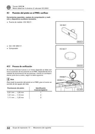 3         Touran 2003 ➤
          Motor diésel de 4 cilindros (2 válvulas) 02.2003

4.1       Posición del pistón en el PMS: verificar

Herramientas especiales, equipos de comprobación y medi-
ción y dispositivos auxiliares necesarios
♦ Puente de medida -VW 382/7-

                                                                    VW 382/7




                                                                               W00-0511



♦ Útil -VW 385/17-
♦ Comparador                                                       VW 385/17




                                                                               W00-0129
4.1.1     Proceso de verificación
Al montar pistones nuevos o un motor aligerado se debe veri-
ficar la posición de los pistones en el PMS. Dependiendo de la
medida de prominencia de los pistones, montar la correspon-
diente junta de la culata, según la tabla siguiente:
                                                                   VW382/7
        Nota                                                     VW385/17
Para medir la posición del pistón en el PMS, girar el motor en
sentido de las agujas del reloj.

Prominencia del pistón                 Identificación
                                      muescas/agujeros                         V13 - 0353


0,91 mm ... 1,00 mm                            1
1,01 mm ... 1,10 mm                            2
1,11 mm ... 1,20 mm                            3




32        Grupo de reparación 13 – Mecanismo del cigüeñal
 