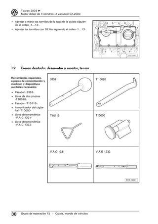 3       Touran 2003 ➤
        Motor diésel de 4 cilindros (2 válvulas) 02.2003

– Apretar a mano los tornillos de la tapa de la culata siguien-          10     5   4   8
   do el orden -1...13-.
                                                                  1                                       2
– Apretar los tornillos con 10 Nm siguiendo el orden -1...13-.
                                                                  13                                  12




                                                                         9      7   3   6     11
                                                                                              N15-10027




1.2    Correa dentada: desmontar y montar, tensar

Herramientas especiales,
                                3359                               T 10020
equipos de comprobación y
medición y dispositivos
auxiliares necesarios
♦ Pasador -3359-
♦ Llave de dos pivotes
   -T10020-
♦ Pasador -T10115-
♦ Inmovilizador del cigüe-
   ñal -T10050-
♦ Llave dinamométrica           T10115                             T10050
   -V.A.G 1331-
♦ Llave dinamométrica
   -V.A.G 1332-




                                V.A.G 1331                         V.A.G 1332




                                                                                            W15-10001




38      Grupo de reparación 15 – Culata, mando de válvulas
 