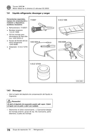 3        Touran 2003 ➤
         Motor diésel de 4 cilindros (2 válvulas) 02.2003

1.4      Líquido refrigerante: descargar y cargar

Herramientas especiales,
                                T10007                          V.A.G 1306
equipos de comprobación y
medición y dispositivos
auxiliares necesarios
♦ Refractómetro -T10007-
♦ Bandeja receptora
   -V.A.G 1306-
♦ Útil de montaje para
   abrazaderas de fleje elás-
   tico -VAS 5024 A-
♦ Equipo de llenado del sis-
   tema refrigerante            VAS 5024 A                      VAS 6096
   -VAS 6096-
♦ Adaptador -V.A.G 1274/
   8-




                                V.A.G 1274/8




                                                                             W19-10001




1.4.1    Descargar
– Abrir el tapón del depósito de compensación del líquido re-
   frigerante.


        ¡Precaución!
Al abrir el depósito de expansión puede salir vapor. Cubrir
el tapón con un paño y abrir con cuidado.

– Desmontar el cárter insonorizante. ⇒ Carrocería-trabajos
   de montaje exterior; grupo de rep. 50; Carrocería, parte
   delantera; Cuadro de montaje




78       Grupo de reparación 19 – Refrigeración
 