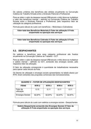 12
Os valores unitários dos benefícios são obtidos anualmente na Convenção
Coletiva de Trabalho firmada entre o Sindicato Patronal e Profissional.
Para se obter o valor da despesa mensal (R$/veiculo x mês) deve-se multiplicar
o valor dos benefícios mensal – definido na Convenção Coletiva de Trabalho
firmada entre o Sindicato Patronal e Profissional, pelo respectivo fator de
utilização da categoria profissional.
Fórmula para cálculo do custo com benefícios – Motoristas e Cobradores
Valor total dos Benefícios Motorista X Fator de utilização X Frota
empenhada na operação dos serviços
Valor total dos Benefícios Cobrador X Fator de utilização X Frota
empenhada na operação dos serviços
5.2. DESPACHANTES
Os salários e benefícios para essa categoria profissional são fixados
anualmente na Convenção Coletiva de Trabalho - CCT.
Para se obter o valor da despesa mensal (R$/veiculo x mês) deve-se multiplicar
o salário mensal – definido na CCT, acrescido dos encargos sociais, pelo
respectivo fator de utilização.
O fator de utilização corresponde à quantidade de trabalhadores necessária
para operar cada veiculo da frota.
Os fatores de utilização e encargos sociais apresentados na tabela abaixo por
RTR, foram extraídos das propostas comerciais das Concessionárias.
QUADRO V – FATOR DE UTILIZAÇÃO DESPACHANTES
ITENS RTR 2 RTR 3 RTR 4 RTR 5
Fator de
utilização
0,15 0,11 0,11 0,11
Encargos Sociais 62,87% 62,87% 62,87% 62,87%
Fórmula para cálculo do custo com salários e encargos sociais - Despachantes
Salário Despachante acrescido dos Encargos Sociais X Fator de
utilização X Frota empenhada na operação dos serviços
 