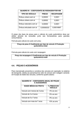 8
QUADRO III – COEFICIENTE DE RODAGEM POR KM
TIPO DE VEÍCULO PNEUS RECAPAGEM
Ônibus urbano sem ar 0,00005 0,0001
Ônibus urbano com ar 0,00005 0,0001
Ônibus rodoviário com ar 0,00005 0,0001
Ônibus articulado com ar 0,00008333 0,00016667
O preço dos tipos de pneus para o cálculo do custo quilométrico deve ser
obtido através de consultas junto aos fornecedores para grandes
consumidores.
Fórmula para cálculo do custo com pneu
Preço do pneu X Coeficiente por tipo de veículo X Produção
quilométrica total
Fórmula para cálculo do custo com recapagem
Preço da recapagem X Coeficiente por tipo de veículo X Produção
quilométrica total
4.4. PEÇAS E ACESSÓRIOS
Para manutenção preventiva e corretiva dos veículos em operação no sistema
de transporte, adotou-se percentual do valor do veículo sem rodagem variando
em função da idade dos veículos, conforme quadro abaixo:
QUADRO IV – COEFICIENTE ANUAL DE PEÇAS
E ACESSÓRIOS
IDADE MÉDIA DA FROTA % PRECO DO
VEÍCULO
Veículo com menos de 3 anos 4% ao ano
Veículo de 3 a 5 anos 6% ao ano
Veículo de 5 a 7 anos 8% ao ano
Veículo com mais de 7 anos 10% ao ano
 