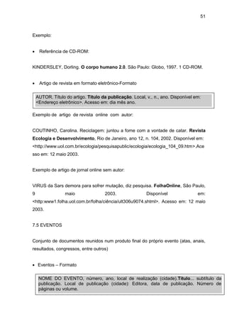 51

Exemplo:


Referência de CD-ROM:

KINDERSLEY, Dorling. O corpo humano 2.0. São Paulo: Globo, 1997. 1 CD-ROM.


Artigo de revista em formato eletrônico-Formato
AUTOR. Título do artigo. Título da publicação. Local, v., n., ano. Disponível em:
<Endereço eletrônico>. Acesso em: dia mês ano.

Exemplo de artigo de revista online com autor:

COUTINHO, Carolina. Reciclagem: juntou a fome com a vontade de catar. Revista
Ecologia e Desenvolvimento, Rio de Janeiro, ano 12, n. 104, 2002. Disponível em:
<http://www.uol.com.br/ecologia/pesquisapublic/ecologia/ecologia_104_09.htm>.Ace
sso em: 12 maio 2003.

Exemplo de artigo de jornal online sem autor:

VIRUS da Sars demora para sofrer mutação, diz pesquisa. FolhaOnline, São Paulo,
9

maio

2003.

Disponível

em:

<http:www1.folha.uol.com.br/folha/ciência/ult306u9074.shtml>. Acesso em: 12 maio
2003.

7.5 EVENTOS

Conjunto de documentos reunidos num produto final do próprio evento (atas, anais,
resultados, congressos, entre outros)
 Eventos – Formato
NOME DO EVENTO, número, ano, local de realização (cidade).Título... subtítulo da
publicação. Local de publicação (cidade): Editora, data de publicação. Número de
páginas ou volume.

 
