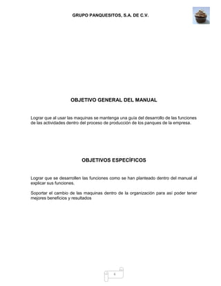 GRUPO PANQUESITOS, S.A. DE C.V.
4
OBJETIVO GENERAL DEL MANUAL
Lograr que al usar las maquinas se mantenga una guía del desarrollo de las funciones
de las actividades dentro del proceso de producción de los panques de la empresa.
OBJETIVOS ESPECÍFICOS
Lograr que se desarrollen las funciones como se han planteado dentro del manual al
explicar sus funciones.
Soportar el cambio de las maquinas dentro de la organización para así poder tener
mejores beneficios y resultados
 
