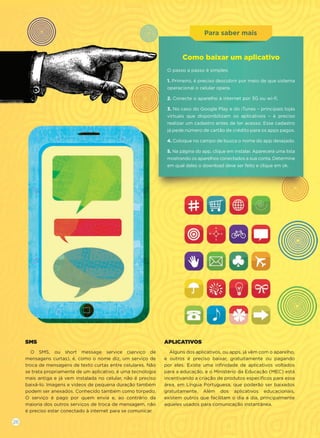 Para ssababer mais
SMS
O SMS, ou short message service (serviço de
mensagens curtas), é, como o nome diz, um serviço de
troca de mensagens de texto curtas entre celulares. Não
se trata propriamente de um aplicativo, é uma tecnologia
mais antiga e já vem instalada no celular, não é preciso
baixá-lo. Imagens e vídeos de pequena duração também
podem ser anexados. Conhecido também como torpedo.
O serviço é pago por quem envia e, ao contrário da
maioria dos outros serviços de troca de mensagem, não
é preciso estar conectado à internet para se comunicar.
APLICATIVOS
Alguns dos aplicativos, ou apps, já vêm com o aparelho,
e outros é preciso baixar, gratuitamente ou pagando
por eles. Existe uma inﬁnidade de aplicativos voltados
para a educação, e o Ministério da Educação (MEC) está
incentivando a criação de produtos especíﬁcos para essa
área, em Língua Portuguesa, que poderão ser baixados
gratuitamente. Além dos aplicativos educacionais,
existem outros que facilitam o dia a dia, principalmente
aqueles usados para comunicação instantânea.
Como baixar um aplicativo
O passo a passo é simples:
1. Primeiro, é preciso descobrir por meio de que sistema
operacional o celular opera.
2. Conecte o aparelho à internet por 3G ou wi-ﬁ.
3. No caso do Google Play e do iTunes – principais lojas
virtuais que disponibilizam os aplicativos – é preciso
realizar um cadastro antes de ter acesso. Esse cadastro
já pede número de cartão de crédito para os apps pagos.
4. Coloque no campo de busca o nome do app desejado.
5. Na página do app, clique em instalar. Aparecerá uma lista
mostrando os aparelhos conectados a sua conta. Determine
em qual deles o download deve ser feito e clique em ok.
26
 