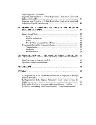 de Investigación Documental ……….………………………………..…...
   Esquema para Organizar el Trabajo Especial de Grado en la Modalidad
   de Proyecto Factible ……………………………………….………….......                                     39
   Esquema para Organizar el Trabajo Especial de Grado en la Modalidad
   de Proyecto Factible. Arquitectura ……….…….........................................   41

VI. REDACCIÓN Y PRESENTACIÓN ESCRITA DEL TRABAJO
    ESPECIAL DE GRADO ………………………………………………...                                             43

   Redacción del TEG ………………………………………………………..                                            43
        Citas…………………………………………………………….……                                                 50
        Lista de Referencias ………………………………………………...                                      55
        Notas …………………………………………………………...……                                               67
        Uso de Abreviaturas en Citas y Notas ………………………………                               71
   Presentación Formal del Documento Escrito ..……….…………………...                           73
        Transcripción ………………………………………………………..                                           73
        Impresión ……………………………………………………………                                               77
        Encuadernación ……………………………………………………..                                           78

VII. PRESENTACIÓN ORAL DEL TRABAJO ESPECIAL DE GRADO                                    80

   Planificación de la Presentación Oral ……………………………………..                               80
   Ejecución de la Presentación Oral …………………………...……………                                 83

REFERENCIAS ……………………………………………………………….                                                   85

ANEXOS …………………………………………………………………….....                                                  87

   A. Diagramación de las Páginas Preliminares en la Propuesta de Trabajo
   Especial de Grado ………………………………………………………… 88
   B. Diagramación de las Páginas Preliminares en el Trabajo Especial de
   Grado ……………………………………………………………………... 96
   C. Ejemplos de cómo se presentan los Cuadros, Figuras y Gráficos …...... 108
   D. Modelo para la Diagramación del Lomo del Documento Empastado … 113
 