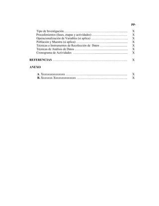 pp.

   Tipo de Investigación………………….........…………………...…..........                         X
   Procedimientos (fases, etapas y actividades) ………….…………………                          X
   Operacionalización de Variables (si aplica) ……………....……………...                      X
   Población y Muestra (si aplica) ………………….……….........................               X
   Técnicas e Instrumentos de Recolección de Datos …….…......................         X
   Técnicas de Análisis de Datos ………………............................................   X
   Cronograma de Actividades …………………..........................................        X

REFERENCIAS ………………………………………………………………                                                  X

ANEXO

   A. Xxxxxxxxxxxxxxx …………………...................................................      X
   B. Xxxxxxx Xxxxxxxxxxxxxx ………………………………………….                                        X
 