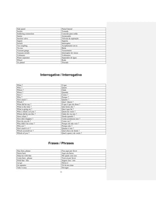11
Side panel Painel lateral
Socket Tomada
Soldering connection Conexão para solda
Starter Arrancador
Suction valve Válvula de aspiração
Suport Suporte
Switch Interruptor
Tee coupling Acoplamento em te
Tie roo Biela
Vacuum gauge Vacuometro
Vacuum switch Interruptor de vácuo
Voltmeter Voltímetro
Water separator Separador de água
Wheel Roda
Zn plated Zincado
Interrogative / Interrogativa
What ? O que
Who ? Quem
Where ? Onde
When ? Quando
How ? Como ?
Why ? Porque ?
How much ? Quanto ?
Which ? Qual / Quem ?
What did he say ? O que é que ele disse ?
What is the time ? Que horas são ?
What is going on ? Que é que há ?
Who ( which ) of you ? Quem de vocês ?
Where did he see this ? Onde ele viu isto ?
Since when ? Desde quando ?
How did it happen ? Como aconteceu isso ?
How do you do ? Como vai ?
Why didn’t he come ? Porque ele não veio ?
Why not ? Porque não ?
How much is it ? Quanto é isto ?
Which screwdriver ? Qual chave de fenda ?
Which of you ? Qual ( quem ) de vocês ?
Frases / Phrases
Stay here, please Fica aqui por favor
Down here Aqui em baixo
Help me with that Me ajude com isso
Come here , please Vem cá por favor
Hold that / this Segure isso / isto
Let go Deixa ir
Go upstairs Vá lá em cima
Take it easy Devagar
 