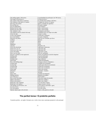 13
The drilling depth is 700 metres A profundidade de perfuração é de 700 metros
The height of the derrick is A altura da torre é
The content of this drum is 220 litres O conteúdo deste tambor é 220 litros
The wideness of the deck is 25 metres A largura do convés é 25 metros
How big is the surface Qual é o tamanho da superfície
He can help you Ele pode te ajudar
Do you understand ? Você entende ?
Release the bow cable Solte o cabo da proa
Release the stern cable Solte o cabo da popa
The helideck is oily O heliponto esta oleoso
The helideck must be cleaned with soap O heliponto deve ser limpo com sabão
Clean the slips Limpe as cunhas
Come to the helideck Venha para o heliponto
Go to the helideck Vai para o heliponto
Paint this red, please Pinte isto em vermelho, por favor
Lifeboat Baleeira
Liferaft Balsa
Locker Paiol
Shipshold Porão
Ask him Pergunte a ele
Call to the electrician Ligue para o eletrecista
Call to two, six, six Ligue para 266
Call to two, four, zero Ligue para 240
Call to the bridge Ligue para a ponte
Don’t use the crane Não use o guindaste
We have a problem in the enginroom Temos um problema na sala de maquinas
Drilling mud Lama de perfuração
Drilling line Cabo de perfuração
Drilling water Água industrial
Drill string Coluna de perfuração
Put on the drilling tongs Coloque as chaves ( flutuantes )
Casing cutter Cortador de revestimento
Casing slips Cunhas para tubos de revestimento
Casing string Coluna de revestimento
Casino tongs Chaves de revestimento
Chan tongs Chaves de corrente
Sharpener Amolador / lixadeira
Sawyer Serrador
Hose cutter Cortador da mangueira
Milling machine Maquina de moagem
Can I help you ? Posso ajudar ?
Put on your fireclothes Vista suas roupas de incendio
Where is the drum ? Onde esta o tambor ?
Where is the bucket ? Onde esta o balde ?
Bring this to the workshop Leva isto para a oficina
Bring that to the rigfloor Traga isso para a oficina
The garbage can be burned , now O lixo pode ser queimado , agora
Use your cloves Use suas luvas
Use your glasses Use seus oculos
Operate toparm pipe in the elevator Opere o tubo girafa no elevador
The perfect tense / O pretérito perfeito
O pretérito perfeito , em inglês é formado com o verbo to have mais o particípio passado do verbo principal
 