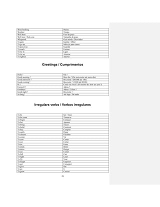20
Wear bushing Bucha
Weather Tempo
Well bore Furo do poço
Well size / Hole size Tamanho do poço
Whipstock Guia sonda / Desviador
To gain Ganhar / Obter
To go up Subir (ir para cima)
To put away Guardar
To teach Ensinar
To tie in Ligar
To tie up Amarrar
To tighten Apertar
Greetings / Cumprimentos
Hello ! Olá !
Good morning ! Bom dia ! (De meia-noite até meio-dia)
Good afternoon ! Boa tarde ! (00:00h até 18h)
Good evening ! Boa noite ! (18:00 até 00:00)
Hi ! Como vai você ? (O mesmo de: how are you ?)
Farewell ! Adeus !
Goodbye ! Adeus / Tchau !
Good night ! Boa noite !
So long ! Até logo / De nada
Irregulars verbs / Verbos irregulares
To be Ser / Estar
To be come Tornar-se
To begin Começar
To bet Apostar
To bring Trazer
To build Construir
To buy Comprar
To catch Pegar
To choose Escolher
To come Vir
To cust Custar
To cut Cortar
To do Fazer
To drink Beber
To drive Dirigir
To eat Comer
To fall Cair
To fight Lutar
To fly Voar
To forget Esquecer
To get Conseguir
To give Dar
To go Ir
To grow Crescer
 