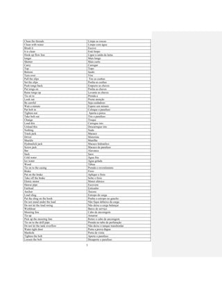 3
Clean the threads Limpe as roscas
Clean with water Limpe com água
Brush it Escove
It is clean Está limpo
Hook up flow line Ligue a saída da lama
longer Mais longo
Shorter Mais curto
Carry Carregar
Top Topo
Bottom fundo
Turn over Vire
Pull the slips Tire as cunhas
Set the slips Ponha as cunhas
Push tongs back Empurre as chaves
Put tongs on Ponha as chaves
Raise tongs up Levante as chaves
Tie on to Prenda a
Look out Preste atenção
Be careful Seja cuidadoso
Wait a minute Espere um minuto
Put bolt in Coloque o parafuso
Tighten nut Aperta a porca
Take bolt out Tire o parafuso
Change Troque
Load this Carregue isto
Unload this Descarregue isto
Nothing Nada
Track jack Macaco
Driver Motorista
Shackle Manilha
Hydraulick jack Macaco hidraulico
Screw jack Macaco de parafuso
Bar Alavanca
Sack Saco
Cold water Água fria
Ice water Água gelada
Wood Tábua
Tie on to the casing Prenda o revestimento
Brake Freio
Put on the brake Aplique o freio
Take off the brake Solte o freio
Eletric motor Motor elétrico
Hawse pipe Escovem
Fairlead Esticador
Anchor Âncora
Load sling Estropo de carga
Put the sling on the hook Ponha o estropo no gancho
Do not stand under the load Não fique debaixo da carga
Do not let the load swing Não deixe a carga balançar
Workboat Barco de serviço
Mooring line Cabo de ancoragem
Tie up Amarrar
Pick up the mooring line Retire o cabo de ancoragem
Tie on to the drill pipe Prenda no tubo de perfuração
Do not let the tank overflow Não deixe o tanque transbordar
Water tight door Porta a prova dágua
Manhole Porta de visita
Tighten the bolt Aperte o parafuso
Loosen the bolt Desaperte o parafuso
 