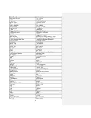 4
Clean the deck Limpe o convés
Wash down the deck Lave o convés
Crane Guindaste
Crane hook Gancho do guindaste
Anchor winch Guincho de âncora
Pay out the anchor Solte a âncora
Haul in the anchor Puxe a âncora
Start the winch Funcione o guincho
Stop the winch Pare o guincho
Clutch Embreagem
Engage the clutch Engrene a embreagem
Disengage the clutch Desengrene a embreagem
Cement Cimento
Cement hose Mangueira de cimento
Bulk mud hose Mangueira para material de lama a granel
Connect the drill water hose Conecte a mangueira de água industrial
Conect the potable water hose Conecte a mangueira de água potável
Fire extinguisher Extintor de incêndio
Star mixing Iniciar mistura
Anchor wire Cabo da ancora
Chain Corrente
Anchor buoy Boia de ancora
Sea water Agua do mar
Slowly Devagarinho
Faster Mais rapido
Chemicals Produtos químicos ( as vezes paletes)
Loss circulation materiais Material de perda
Mud hopper Funil de lama
Mix gel Mistura de bentonita
Bolt Parafuso
Nut Porca
Theards Roscas
Put it Coloque isto
Over there Acolà
Wrench Chave ( ferramenta)
B.O.P. wrench Chave de BOP
Pipe wrench Chave de tubo
Crescent wrench Chave ajustavel (inglesa)
Sledge hammer Marreta
Ball pin hammer Martelo de cabeça redonda
Chain tongs Chave de corrente
Handle Alça
Pick this up Levante isto
Bring me Traga-me
Come with me Venha comigo
Come here Venha cà
Help him Ajude-o
How much does it cost ? Quanto custa ?
Turn loose Soltar ou folgar
Hold Segurar
Pull Puxar
Push Empurrar
Turn Virar
Left Esquerda
Right Direita
Inside Por dentro
Outside Por fora
Are you finished ? Você terminou ?
Let’s go Vamos embora
 