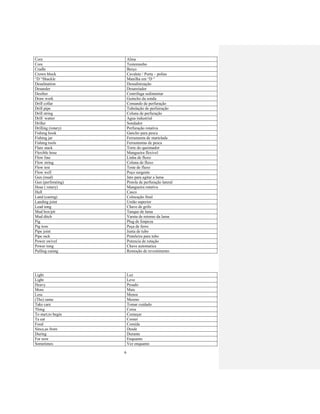6
Core Alma
Core Testemunho
Cradle Berço
Crown block Cavalete / Porta – polias
“D “Shackle Manilha em “D “
Desalination Dessalinização
Desander Desareiador
Desilter Centrifuga sedimentar
Draw work Guincho da sonda
Drill collar Comando de perfuração
Drill pipe Tubulação de perfuiração
Drill string Coluna de perfuração
Drill watter Agua industrial
Driller Sondador
Drilling (rotary) Perfuração rotativa
Fishing hook Gancho para pesca
Fishing jar Ferramenta de martelada
Fishing tools Ferramentas de pesca
Flare stack Torre do queimador
Flexible hose Mangueira flexivel
Flow line Linha de fluxo
Flow string Coluna de fluxo
Flow test Teste de fluxo
Flow well Poço surgente
Gun (mud) Jato para agitar a lama
Gun (perforating) Pistola de perfuração lateral
Hose ( rotary) Mangueira rotativa
Hull Casco
Land (casing) Colocação final
Landing joint União superior
Lead tong Chave de grifo
Mud box/pit Tanque de lama
Mud ditch Vareta de retorno da lama
Pig Plug de limpeza
Pig iron Peça de ferro
Pipe joint Junta de tubo
Pipe rack Prateleira para tubo
Power swivel Potencia de rotação
Power tong Chave automatica
Pulling casing Remoção de revestimento
Light Luz
Light Leve
Heavy Pesado
More Mais
Less Menos
(The) same Mesmo
Take care Tomar cuidado
Thing Coisa
To start,to begin Começar
Ta eat Comer
Food Comida
Since,as from Desde
During Durante
For now Enquanto
Sometimes Vez enquanto
 