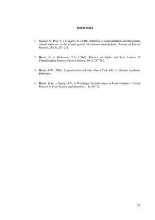 REFERENCIAS



1. Garnier, S., Petit, S. y Coquerel, G. (2002). Inﬂuence of supersaturation and structurally
   related additives on the crystal growth of a-lactose monohydrate. Journal of Crystal
   Growth, 234(3), 207–219.


2. Haase, G. y Nickerson, T.A. (1966). Kinetics of Alpha and Beta Lactose. II
   Crystallization Journal of Dairy Science, 49(7), 757-761.


3. Hartel, R.W. (2001). Crystallization in Foods. Nueva York, EE.UU. Kluwer Academic
   Publishers.


4. Hartel, R.W. y Sastry, A.V. (1991).Sugar Crystallization in Food Products. Critical
   Reviews in Food Science and Nutrition, 1(1), 49-112.




                                                                                          21
 