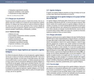 Identificación y evaluación de riesgos higiénicos 
Trabajadores especialmente sensibles. 
Exposición simultánea a varios agentes. 
Procedimiento de trabajo inadecuado.	 
Fuente: tabla 1 de la GTAQ, publicada por el INSHT. 
3.1.5. Riesgos por vía parenteral 
Suponen la entrada de agentes químicos a través de las heridas. Esta vía, en 
general, tiene poca incidencia en el número de casos de exposición a agentes 
químicos. En cualquier caso, hay que tener en cuenta los factores de riesgo en 
los casos en los que esta vía sea significativa. No se conocen métodos de 
evaluación del riesgo de exposición a agentes químicos por vía parenteral. Es 
necesario proceder a identificarlos y, directamente, a evitarlos. 
3.1.5.1. Factores de riesgo 
Deterioro de la piel. 
Uso de objetos o herramientas cortantes o punzantes. 
Frecuencia de contacto. 
Gestión incorrecta de los EPI. 
Procedimiento de trabajo inadecuado. 
Trabajadores especialmente sensibles. 
Exposición simultánea a varios agentes.	 
Fuente: tabla 1 de la GTAQ, publicada por el INSHT. 
3.2. Evaluación de riesgos higiénicos por exposición a agentes 
biológicos 
Los criterios de evaluación utilizados en el caso de exposición a agentes biológicos 
son los que se indican en el artículo 4 del Real Decreto 664/1997. Como con el 
resto de riesgos laborales, en primer lugar el riesgo debe evitarse; sólo cuando 
no sea posible hacerlo, es preciso evaluarlo. La medida apropiada para evitar 
el riesgo cuando se trata de manipulación deliberada de agentes biológicos es 
la sustitución de este agente, siempre que la actividad lo permita, tal y como 
indica el artículo 5 del Real Decreto 664/1997. Para las actividades con exposición 
accidental, obviamente, la posibilidad de sustitución no existe. Para facilitar 
la evaluación de los riesgos por exposición a agentes biológicos, en la ficha H6 
se presentan los parámetros principales a tener en cuenta a fin de poder evaluar 
el riesgo, que son los siguientes: 
62 
3.2.1. Agentes biológicos 
El agente o los agentes biológicos presentes en el lugar de trabajo son los que 
se deben haber identificado previamente en la ficha H3. 
3.2.2. Clasificación de los agentes biológicos en los grupos del Real 
Decreto 664/1997 
Los agentes biológicos identificados deben clasificarse en uno de los 4 grupos 
que establece el Real Decreto 664/1997, en función del riesgo de infección. Debe 
tenerse cuidado ante la posible aparición de agentes biológicos infecciosos no 
incluidos, de momento, en el anexo II del Real Decreto 664/1997 (la clasificación 
de los cuales debe estimarse, pues, partiendo de las características de los agentes 
y los criterios indicados en el artículo 3 de dicho Real Decreto), como los virus de 
la neumonía atípica asiática (SARS) y de la gripe aviar, causantes de situaciones 
epidémicas recientes en China y el sureste asiático. 
3.2.3. Riesgos adicionales 
Dado que la clasificación de los agentes biológicos del anexo II del Real Decreto 
664/1997 tiene en cuenta, fundamentalmente, el riesgo de infección, y la evaluación 
de riesgos debe recoger su efecto global, también deben considerarse los posibles 
efectos inmunoalérgicos y tóxicos de los agentes biológicos a modo de riesgo 
adicional, aspectos que, en algunos casos, quedan incluidos en el mismo Real 
Decreto 664/1997, por medio de las indicaciones adicionales del anexo II. Sin 
embargo, otros efectos no están incluidos. Es el caso de los posibles efectos 
cancerígenos de determinados agentes biológicos, reconocidos por la International 
Agency for Research on Cancer (IARC, Agencia Internacional para la Investigación 
sobre el Cáncer), organismo de la Organización Mundial de la Salud (OMS), por 
ejemplo, los de la bacteria Helicobacter pylori o el virus de la hepatitis C. Estos 
agentes se pueden encontrar en la página web http://monographs.iarc.fr. Los 
agentes biológicos no están incluidos en la normativa aplicable sobre agentes 
cancerígenos (Real Decreto 665/1997 y sus posteriores modificaciones: el Real 
Decreto 1124/2000 y el Real Decreto 349/2003) porque la normativa únicamente 
recoge sustancias, preparados y procedimientos, pero no agentes biológicos. 
3.2.4. Foco de origen 
Es importante conocer el foco de origen de los agentes biológicos, tanto por lo 
que respecta a su manipulación deliberada como a la exposición accidental, a 
fin de evaluar correctamente el riesgo y poderlo prevenir, controlando dicho 
riesgo, en la medida en la que sea posible, desde su origen. Por ejemplo, en el 
caso de actividades sanitarias, los focos más habituales serían los pacientes 
infectados, o, en actividades ganaderas, los animales infectados. 
 