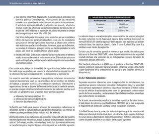 Identificación y evaluación de riesgos higiénicos 
Real Decreto 1066/2001. Reglamento de condiciones de protección del 
dominio público radioeléctrico, restricciones de las emisiones 
radioeléctricas y medidas de protección sanitaria contra dichas emisiones. 
El ámbito de aplicación sólo afecta al público en general y adopta los 
mismos niveles de referencia que la Recomendación del Consejo de 12 
de julio de 1999, relativa a la exposición del público en general a campos 
electromagnéticos de entre 0 Hz y 300 GHz.	 
Este último texto puede utilizarse de forma orientativa, ya que no establece 
límites de exposición para los trabajadores, sino para los ciudadanos 
que pasan un tiempo significativo expuestos, y adopta unos criterios 
más restrictivos que la citada Directiva. Asimismo, igual que la Directiva, 
sus niveles de referencia protegen contra los efectos probados (a corto 
plazo), pero no de los posibles efectos a largo plazo. 
Decreto 148/2001. Ordenación ambiental de las instalaciones de telefonía 
móvil y otras instalaciones de radiocomunicación. El ámbito de aplicación 
queda restringido a la parte del espectro electromagnético correspondiente 
a la telefonía móvil. 
Para cotejar estos textos con la realidad del lugar de trabajo, deben realizarse 
las mediciones apropiadas para conocer la intensidad del campo eléctrico (E), 
la intensidad del campo magnético (H) y la densidad de la potencia (S). 
Los aspectos esenciales para evaluar la exposición a radiaciones no ionizantes 
implican documentarse sobre las características de las fuentes y los métodos 
de trabajo, y adoptar medidas de protección colectivas, individuales y 
organizativas. Un vez se dispone de las características de la fuente de emisión, 
es preciso escoger entre los distintos instrumentos de medición que hay en el 
mercado. Los parámetros que se pueden medir son los siguientes: 
Intensidad del campo eléctrico (E). 
Intensidad del campo magnético (H). 
Densidad de potencia (S). 
Se facilita una tabla para evaluar el riesgo de exposición a radiaciones no 
ionizantes, donde se incluyen todos los parámetros necesarios y los criterios de 
referencia correspondientes (véase la ficha H10 del anexo H). 
Dentro del ámbito de las radiaciones no ionizantes, en la parte alta del espectro 
electromagnético de frecuencias, queda la banda de las llamadas "radiaciones 
ópticas" (infrarrojas, visibles, ultravioletas y láser). Las 3 primeras radiaciones 
se caracterizan por su longitud de onda, como se puede ver en la tabla siguiente: 
68 
Tabla H9. REGIÓN ESPECTRAL DE LAS RADIACIONES ÓPTICAS 
	REGIÓN ESPECTRAL	 LONGITUD DE ONDA 
	Ultravioleta	 180-400 nm	 
Visible	 400-770 nm	 
Infrarroja	 770 nm-1 mm 
La radiación láser es una radiación óptica monocromática (de una única longitud 
de onda), coherente (no se dispersa al alejarse de la fuente) y direccional. La 
norma EN 60.825.93 sobre la seguridad de los equipos o los aparatos que utilizan 
radiación láser, los clasifica (clase 1, clase 2, clase 3, clase 3B y clase 4) y 
establece unos límites de exposición. 
En todo caso, la normativa general de referencia que afecta a las radiaciones 
ópticas es la Directiva 2006/25/CE, sobre disposiciones mínimas de seguridad 
y salud relativas a la exposición de los trabajadores a riesgos derivados de 
radiaciones ópticas artificiales. 
Otra fuente de referencia es la ACGIH que, al igual que la Directiva 2006/25/CE, 
propone valores de exposición para la radiación infrarroja, visible, ultravioleta 
y láser basándose en la protección de los ojos y la piel (lesiones térmicas y 
fotoquímicas). 
3.3.3.2. Radiaciones ionizantes 
Se pueden encontrar referencias sobre la seguridad de las instalaciones, los 
aparatos que generan radiaciones ionizantes o trabajan con ellas, y la seguridad 
de las personas expuestas en un extenso conjunto de normativa. El motivo radica 
en que los efectos de estas radiaciones sobre las personas se conocen mejor 
que los de las no ionizantes, y en la necesidad de establecer medidas preventivas 
para evitar efectos no deseados. 
Por lo tanto, se recomienda consultar la normativa específica. De todas formas, 
el texto básico de referencia es el Real Decreto 783/2001, por el cual se aprueba 
el Reglamento de protección sanitaria contra radiaciones ionizantes. 
Este Real Decreto basa la protección de los trabajadores y de los miembros del 
público en criterios de limitación de dosis, clasificación de los puestos de trabajo 
en varias zonas y clasificación de los trabajadores en distintas categorías, tal 
y como se puede observar en las tablas de la página siguiente: 
 