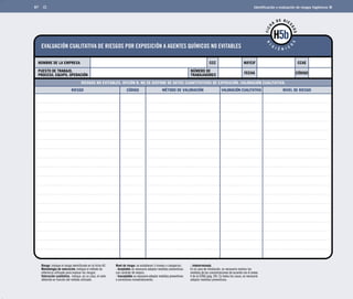 87 I	dentificación y evaluación de riesgos higiénicos 
EVALUACIÓN CUALITATIVA DE RIESGOS POR EXPOSICIÓN A AGENTES QUÍMICOS NO EVITABLES 
FI CHA DE RIESGOS 
HIGIÉNICOS 
CCC NIF/CIF 
NOMBRE DE LA EMPRESA CCAE 
PUESTO DE TRABAJO, 
PROCESO, EQUIPO, OPERACIÓN 
RIESGOS NO EVITABLES. OPCIÓN B: NO SE DISPONE DE DATOS CUANTITATIVOS DE EXPOSICIÓN. VALORACIÓN CUALITATIVA. 
MÉTODO DE VALORACIÓN VALORACIÓN CUALITATIVA NIVEL DE RIESGO 
Riesgo: indique el riesgo identificado en la ficha H2. 
Metodología de valoración: indique el método de 
referencia utilizado para evaluar los riesgos. 
Valoración cualitativa: indique, en su caso, el valor 
obtenido en función del método utilizado. 
Nivel de riesgo: se establecen 3 niveles o categorías: 
- Aceptable: es necesario adoptar medidas preventivas 
con carácter de mejora. 
- Inaceptable: es necesario adoptar medidas preventivas 
o correctoras inmediatamente. 
- Indeterminado. 
En el caso de inhalación, es necesario realizar las 
medidas de las concentraciones de acuerdo con el anexo 
4 de la GTAQ (pág. 69). En todos los casos, es necesario 
adoptar medidas preventivas. 
H5b 
NÚMERO DE FECHA 
TRABAJADORES 
RIESGO CÓDIGO 
CÓDIGO 
 