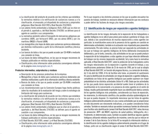 Identificación y evaluación de riesgos higiénicos 
La clasificación del producto de acuerdo con los criterios que establece 
la normativa relativa a la notificación de sustancias nuevas y a la 
clasificación, el envasado y el etiquetado de sustancias y preparados 
peligrosos (Real Decreto 363/1995 y Real Decreto 255/2003). 
Los valores límite ambientales y biológicos (VLA y VLB) que se citan en 
el párrafo b, apartado a, del Real Decreto 374/2001 se definen para el 
agente en cuestión o sus componentes. 
La normativa existente sobre el transporte de mercancías peligrosas por 
carretera (ADR), por ferrocarril (RID), por vía aérea (IATA) y por vía 
marítima (IMGD) o fluvial (ADN). 
Las monografías y las hojas de datos para sustancias químicas elaboradas 
por distintas instituciones a partir de la información científica y técnica 
existente. 
Los bancos de datos a los que se puede acceder por CD-ROM o mediante 
una conexión en línea. 
Las bases de datos bibliográficos, en las que se recogen resúmenes de 
trabajos publicados en revistas especializadas. 
Clasificación y otra información sobre productos cancerígenos obtenida 
en la página www.monographs.iarc.fr. 
Productos intermedios, subproductos y residuos 
Descripción de los procesos productivos de la empresa. 
Monografías y hojas de datos para sustancias químicas elaboradas por 
distintas instituciones a partir de la información científica y técnica existente. 
Bancos de datos a los que se pueda acceder por CD-ROM o mediante 
una conexión en línea. 
Las recomendaciones que la Comisión Europea haya hecho públicas 
sobre los resultados de la evaluación del riesgo y sobre la estrategia de 
limitación del riesgo para sustancias. 
La clasificación del producto de acuerdo con los criterios que establece 
la normativa relativa a la notificación de sustancias nuevas y a la 
clasificación, el envasado y el etiquetado de sustancias y preparados 
peligrosos (Real Decreto 363/1995 y Real Decreto 255/2003). 
Los valores límite ambientales y biológicos que se citan en el párrafo b, 
apartado a, del Real Decreto 374/2001 se definen para el agente en 
cuestión o sus componentes. 
Las bases de datos bibliográficas, en las que se recogen resúmenes de 
trabajos publicados en revistas especializadas. 
El Real Decreto 363/1995, anexo I, y el Real Decreto 255/2003. 
Clasificación y otra información sobre productos cancerígenos obtenida 
en la página www.monographs.iarc.fr. 
Por lo que respecta a los distintos procesos en los que se pueden encuadrar los 
puestos de trabajo, también es necesario obtener información que nos conduzca 
a poder definir los factores de riesgo y los riesgos asociados. 
2.2 Identificación de riesgos por exposición a agentes biológicos 
La identificación de los riesgos derivados de la exposición de los trabajadores a 
agentes biológicos no es sólo el paso previo para evaluar y gestionar el riesgo, sino 
que, debido a las características de muchas exposiciones a estos agentes (en 
particular, la incertidumbre acerca de la presencia de los agentes en cuestión en 
determinadas actividades), también es la actuación más importante para prevenirlos 
correctamente. Por este motivo, es preciso tratar por separado las actividades en 
las que se trabaja con agentes biológicos de forma deliberada (manipulación 
deliberada) y, por lo tanto, conocida, y las actividades en las que se puede producir 
la exposición de los trabajadores a estos agentes sin que haya intención deliberada 
de trabajar con los mismos (exposición accidental), tal y como hace la normativa 
aplicable, el Real Decreto 664/1997, sobre la protección de los trabajadores contra 
los riesgos relacionados con la exposición a agentes durante el trabajo, y sus 
modificaciones posteriores (Orden de 25 de marzo de 1998, por la cual se adapta 
el Real Decreto 664/1997, en función del progreso técnico, y su corrección de erratas, 
de 15 de abril de 1998). A fin de facilitar esta tarea, se presenta el cuestionario 
H1 para la identificación de actividades con riesgo de exposición a agentes biológicos, 
completada con listas de los agentes biológicos que pueden aparecer con mayor 
probabilidad en las distintas actividades (listas H1 a H8). Dado que las actividades 
en las que puede darse exposición accidental suelen tener el problema de la 
incertidumbre en lo concerniente a la presencia de estos agentes en el centro de 
trabajo, resulta particularmente importante hacer una identificación teórica correcta 
de los agentes biológicos más probables, considerando sus focos de exposición, 
los reservorios, la información científica y los posibles estudios epidemiológicos de 
los que se pueda disponer. Es importante mencionar que las listas de agentes 
biológicos potencialmente presentes en una o varias actividades que se proporcionan 
en este documento son meramente indicativas, y no pueden considerarse listas 
cerradas. También es necesario indicar que existen numerosas fuentes de información 
para facilitar esta identificación (anexo II del Real Decreto 664/1997, notas técnicas 
de prevención -NTP- del INSHT, registros de salud pública, bibliografía, etc.). 
Finalmente, en determinados casos, también se pueden identificar algunos agentes 
biológicos utilizando métodos específicos de muestreo, como los que se indican en 
el anexo 3 de la Guía técnica. En la ficha H3 se recopila la información relativa a 
la identificación de los agentes biológicos potencialmente presentes en el lugar de 
trabajo, junto con su clasificación según el anexo II del Real Decreto 664/1997. 
55 
 