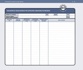 Identificación y evaluación de riesgos higiénicos 96 
EVALUACIÓN DEL RIESGO HIGIÉNICO POR EXPOSICIÓN A RADIACIONES NO IONIZANTES 
FICHA DE RIESGOS 
HIGIÉNICOS 
NOMBRE DE LA EMPRESA CCAE 
FRECUENCIA 
CCC NIF/CIF 
H10 
TIEMPO DE 
EXPOSICIÓN 
INTENSIDAD DE 
CAMPO ELÉCTRICO, 
(Hz) NIVEL DE RIESGO 
E (V/m) 
INTENSIDAD DE 
CAMPO MAGNÉTICO, 
H (A/m) 
DENSIDAD POTENCIA 
EQUIVALENTE 
Seq (W/m2) 
PUESTO DE TRABAJO, 
PROCESO, EQUIPO, OPERACIÓN 
CÓDIGO 
 