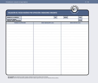 Identificación y evaluación de riesgos higiénicos 98 
EVALUACIÓN DEL RIESGO HIGIÉNICO POR EXPOSICIÓN A RADIACIONES IONIZANTES 
FICHA DE RIESGOS 
HIGIÉNICOS 
CCC NIF/CIF 
H11 
NOMBRE DE LA EMPRESA CCAE 
PUESTO DE TRABAJO, 
PROCESO, EQUIPO, OPERACIÓN 
PERÍODO DE EXPOSICIÓN DOSIS EQUIVALENTE (mSv) DOSIS EFECTIVA (mSv) 
Dosis equivalente: dosis absorbida por el tejido o el órgano, ponderada en función de la calidad y el tipo de radiación. 
Dosis efectiva: suma de las dosis equivalentes ponderadas para todos los tejidos y órganos del cuerpo a causa de irradiaciones internas y externas. 
CÓDIGO 
 