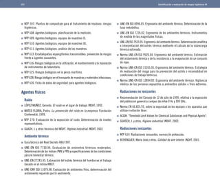 101 I	dentificación y evaluación de riesgos higiénicos 
NTP 597: Plantas de compostaje para el tratamiento de residuos: riesgos 
higiénicos. 
NTP 608: Agentes biológicos: planificación de la medición. 
NTP 609: Agentes biológicos: equipos de muestreo (I). 
NTP 610: Agentes biológicos: equipos de muestreo (II). 
NTP 611: Agentes biológicos: análisis de las muestras. 
NTP 613: Encefalopatías espongiformes transmisibles: prevención de riesgos 
frente a agentes causantes. 
NTP 616: Riesgos biológicos en la utilización, el mantenimiento y la reparación 
de instrumentos de laboratorio. 
NTP 625: Riesgos biológicos en la pesca marítima. 
NTP 628: Riesgo biológico en el transporte de muestras y materiales infecciosos. 
NTP 636: Ficha de datos de seguridad para agentes biológicos. 
Agentes físicos	 
Ruido 
LÓPEZ MUÑOZ, Gerardo. El ruido en el lugar de trabajo. INSHT, 1992. 
MATEO FLORIA, Pedro. La prevención del ruido en la empresa. Fundación 
Confemetal, 1999. 
NTP 270: Evaluación de la exposición al ruido. Determinación de niveles 
representativos. 
GUASH, J. y otros técnicos del INSHT. Higiene industrial. INSHT, 2002.	 
Ambiente térmico 
Guía técnica del Real Decreto 486/1997. 
UNE-EN ISO 7730.96. Evaluación de ambientes térmicos moderados. 
Determinación de los índices PMV y PPD y especificaciones de las condiciones 
para el bienestar térmico. 
UNE-EN 27243.95. Estimación del estrés térmico del hombre en el trabajo 
basado en el índice WBGT. 
UNE-ENV ISO 11079.98. Evaluación de ambientes fríos, determinación del 
aislamiento requerido por la vestimenta. 
UNE-EN ISO 8996.05. Ergonomía del ambiente térmico. Determinación de la 
tasa metabólica. 
UNE-EN ISO 7726.02. Ergonomía de los ambientes térmicos. Instrumentos 
de medida de las magnitudes físicas. 
UNE-EN ISO 7933.05. Ergonomía del ambiente térmico. Determinación analítica 
e interpretación del estrés térmico mediante el cálculo de la sobrecarga 
térmica estimada. 
Norma UNE-EN ISO 9920.04. Ergonomía del ambiente térmico. Estimación 
del aislamiento térmico y de la resistencia a la evaporación de un conjunto 
de ropa. 
Norma UNE-EN ISO 15265.05. Ergonomía del ambiente térmico. Estrategia 
de evaluación del riesgo para la prevención del estrés o incomodidad en 
condiciones de trabajo térmicas. 
Norma UNE-EN ISO 12894.02. Ergonomía del ambiente térmico. Vigilancia 
médica de las personas expuestas a ambientes cálidos o fríos extremos.	 
Radiaciones no ionizantes 
Recomendación del Consejo de 12 de julio de 1999, relativa a la exposición 
del público en general a campos de entre 0 Hz y 300 GHz. 
Norma EN 60.825.93, sobre la seguridad de los equipos o los aparatos que 
utilizan radiación láser. 
ACGIH. "Threshold Limit Values for Chemical Substances and Physical Agents". 
GUASCH, J. y otros. Higiene industrial. INSHT, 2002.	 
Radiaciones ionizantes 
NTP 614. Radiaciones ionizantes: normas de protección. 
BERENGUER, María José y otros. Calidad de aire interior. INSHT, 2001. 
