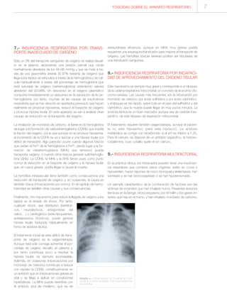 7.- INSUFICIENCIA RESPIRATORIA POR TRANS-
PORTE INADECUADO DE OXÍGENO
Sólo un 3% del transporte sanguíneo de oxígeno se realiza disuel-
to en el plasma, alcanzando una presión parcial que oscila
normalmente alrededor de los 94-96 mmHg y que se mide a tra-
vés de una gasometría arterial. El 97% restante de oxígeno que
llega a los tejidos se vehiculiza a través de la hemoglobina y se cal-
cula habitualmente a través del porcentaje de hemoglobina que
está saturada de oxígeno (oxihemoglobina) obteniendo valores
alrededor del 93-98%. Un descenso en el oxígeno plasmático
comporta inmediatamente un descenso en la saturación de la oxi-
hemoglobina; por tanto, muchas de las causas de insuficiencia
respiratoria que se han descrito en apartados previos lo que hacen
realmente es provocar hipoxemia, reducir el trasporte de oxígeno
y provocar hipoxia tisular. En este apartado se van a analizar otras
causas de reducción en el transporte del oxígeno.
La inhalación de monóxido de carbono, al fijarse en la hemoglobina
da lugar a la formación de carboxihemoglobina (COHb) que impide
la fijación del oxígeno, por lo que aunque no se produce hipoxemia,
el incremento de la COHb se va a asociar a una hipoxia tisular por
déficit de transporte. Algo parecido ocurre cuando algunos tóxicos
que oxidan el Fe2+ de la hemoglobina a Fe3+, dando lugar a la for-
mación de metahemoglobina (MHb) que tampoco puede
transportar oxígeno, o cuando otros tóxicos generan sulfohemoglo-
bina (SHb). La COHb, la MHb y la SHb tienen pues como punto
común la reducción en el trasporte de oxígeno y la hipoxia tisular
que, en casos graves, podría llegar a causar la muerte.
La hemólisis intravascular tiene también como consecuencia una
reducción de transporte de oxígeno y, en ocasiones, la causa es
también tóxica (intoxicaciones por cromo). En el capítulo de hemo-
toxicidad se detallan otras causas y sus consecuencias.
Finalmente, otro mecanismo para reducir la llegada de oxígeno a los
tejidos es el estado de shock. Por tanto,
cualquier shock, sea distributivo (barbitúri-
cos, neurolépticos, antagonistas del
calcio,…) o cardiogénico (beta-bloqueantes,
antidepresivos tricíclicos), puede generar
hipoxia tisular traducida habitualmente en
forma de acidosis láctica.
El tratamiento inicial de este déficit de trans-
porte de oxígeno es la oxigenoterapia.
Aunque ésta sólo consiga aumentar el por-
centaje de oxígeno disuelto en plasma y,
por tanto contribuya poco a resolver la
hipoxia tisular, es siempre aconsejable.
Además, en ocasiones (intoxicaciones por
monóxido de carbono) contribuye a reducir
con rapidez la COHb, constituyéndose en
un antídoto que en intoxicaciones graves es
vital y se llega a aplicar en condiciones
hiperbáricas. La MHb puede revertirse con
el antídoto azul de metileno, que es de
extraordinaria eficiencia, aunque en MHb muy graves podría
requerirse una exsanguinotransfusión para mejorar el transporte de
oxígeno. Las hemólisis tóxicas severas podrían ser tributarias de
una transfusión sanguínea.
8.- INSUFICIENCIA RESPIRATORIA POR INCAPACI-
DAD DE APROVECHAMIENTO DEL OXÍGENO TISULAR
Este mecanismo es siempre muy grave y corresponde a un bloqueo
de la cadena respiratoria mitocondrial, en concreto de la enzima cito-
cromo-oxidasa. Las causas más frecuentes son la intoxicación por
monóxido de carbono, por ácido sulfhídrico y por ácido cianhídrico,
y el bloqueo es tan rápido, sobre todo en el caso del sulfhídrico y del
cianhídrico, que la muerte puede llegar en muy pocos minutos. La
acidosis láctica es un buen marcador, aunque sea de carácter ines-
pecífico, de este bloqueo de respiración mitocondrial.
El tratamiento requiere también oxigenoterapia, aunque el pacien-
te no esté hipoxémico (pera está hipóxico!). La acidosis
metabólica se corrige con bicarbonato si el pH es inferior a 7,20.
Para el cianuro, se dispone de un antídoto específico, la hidroxo-
cobalamina, cuyo cobalto quela el ion cianuro.
9.- INSUFICIENCIA RESPIRATORIA MULTIFACTORIAL
En la práctica clínica, los intoxicados pueden tener una insuficien-
cia respiratoria que combina varios orígenes: están en coma e
hipoventilan, hacen tapones de moco bronquial y atelectasias, han
vomitado y se han broncoaspirado o se han hipotensionado.
Un ejemplo característico de la combinación de factores son las
víctimas de incendios que han inhalado humo. Presentan lesiones
térmicas en la laringe, broncoespasmo por el hollín o los gases irri-
tantes que hay en el humo, y han inhalado monóxido de carbono.
FIGURA 4.- EDEMA AGUDO DE PULMÓN NO CAR-
DIOGÉNICO DESENCADENADO POR UNA SOBREDOSIS
DE HEROÍNA.
TOXICIDAD SOBRE EL APARATO RESPIRATORIO 7
 