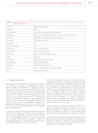 Alcoholes Etanol, metanol, isopropanol
Analgésicos Aspirina
Anticolinesterásicos Insecticidas organofosforados, insecticidas carbamatos
Antidepresivos Tricíclicos, bicíclicos, tetracíclicos, heterocíclicos, inhibidores de la monoaminooxidasa
Antiepilépticos Barbitúricos, carbamazepina, oxcarbazepina, fenitoína, valproato
Antihistamínicos Difenhidramina, clorfeniramina
Antipsicóticos Litio
Asfixiantes mitocondriales Cianuro
Drogas de abuso Gammahidroxibutirato (GHB)
Gases asfixiantes Monóxido de carbono, sulfhídrico
Gases inertes Nitrógeno, helio, anhídrido carbónico, argón
Glicoles Etilenglicol
Hipnosedantes Benzodiacepinas, zolpidem, clometiazol
Hipoglicemiantes Insulina, antidiabéticos orales
Neurolépticos Haloperidol, risperidona, olanzapina
Opioides Heroína, morfina, metadona, dextropropoxifeno, fentanilo
Otros Insecticidas organoclorados
Tabla 1. SUBSTANCIAS TÓXICAS QUE CON MAYOR FRECUENCIA INDUCEN DISMINUCIÓN DEL NIVEL DE CONCIENCIA Y, EN CASOS GRAVES,
DEPRESIÓN RESPIRATORIA
APORTACIÓN DE LA UNIDAD DE CUIDADOS INTENSIVOS AL TRATAMIENTO DEL INTOXICADO 207
3.1.- Hipotensión arterial
Las posibles causas de hipotensión son la hipovolemia, la depre-
sión miocárdica, las arritmias o la vasodilatación sistémica. El
tratamiento debe ser individualizado. La estrategia inicial en la
mayoría de las situaciones debe basarse en la administración de
sueroterapia endovenosa. El objetivo de estas medidas es alcan-
zar una situación hemodinámica que incluya una presión arterial
media mayor de 70 mmHg y un volumen sanguíneo óptimo, medi-
ble por una presión venosa central entre 8 y 12 mmHg o una
presión de enclavamiento pulmonar de aproximadamente 15
mmHg. Si a pesar de la reposición de volumen, persiste la hipo-
tensión arterial, se deberá iniciar tratamiento vasopresor (con
adrenalina, noradrenalina, dopamina, etc.). En función del tipo de
intoxicación y de su mecanismo fisiopatológico, se administrará un
tipo de vasopresor u otro.
En las intoxicaciones por ß-bloqueantes, la hipotensión arterial se
debe sobre todo a la depresión miocárdica más que a la bradicar-
dia. En este caso, el tratamiento se iniciará con la reposición de la
volemia, atropina, glucagón y marcapasos transitorio si es necesa-
rio. El glucagón suele revertir la depresión miocárdica, la
bradicardia y la hipotensión, y puede evitar la necesidad de admi-
nistrar agentes vasopresores como la noradrenalina.
El efecto cardiovascular más común en las intoxicaciones por calcio
antagonistas es la hipotensión arterial, que ocurre generalmente a las
6 horas tras la ingesta (salvo en los preparados de liberación retarda-
da que puede ocurrir más allá de las 12h post-ingesta). Con este
tóxico, la hipotensión arterial se debe sobre todo a la vasodilatación
periférica más que a la depresión miocárdica. El tratamiento se inicia-
rá con sueroterapia endovenosa, pero a menudo se requerirá
tratamiento con gluconato cálcico. La administración de glucagón,
igual que en la intoxicación por ß-bloqueantes, puede evitar la nece-
sidad de iniciar tratamiento con agentes vasopresores.
Recientemente se han publicado varios estudios en los cuales el tra-
tamiento con perfusión de insulina ha mejorado el shock refractario en
las intoxicaciones por calcio antagonistas.
En las intoxicaciones por antidepresivos tricíclicos, la hipotensión arte-
rial suele ser refractaria a la expansión de volumen, por lo que se
deberá iniciar tratamiento con agentes vasopresores como la noradre-
nalina. Si se acompaña de un QRS ancho, debe añadirse también
bicarbonato sódico, independientemente de que esté o no acidótico.
En las intoxicaciones por teofilina, la hipotensión arterial se debe a
la estimulación ß2-adrenérgica. El tratamiento inicial consiste en la
administración de fluidos y fenilefrina. En caso de hipotensión
refractaria, se pueden administrar bloqueantes ß-adrenérgicos no
selectivos como el propranolol o el esmolol.
 