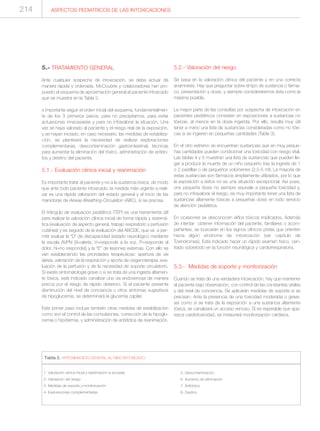 1- Valoración clínica inicial y reanimación si procede
2- Valoración del riesgo
3- Medidas de soporte y monitorización
4- Exploraciones complementarias
Tabla 2. APROXIMACIÓN GENERAL AL NIÑO INTOXICADO
5- Descontaminación
6- Aumento de eliminación
7- Antídotos
8- Destino
ASPECTOS PEDIATRICOS DE LAS INTOXICACIONES214
5.- TRATAMIENTO GENERAL
Ante cualquier sospecha de intoxicación, se debe actuar de
manera rápida y ordenada. McCoubrie y colaboradores han pro-
puesto el esquema de aproximación general al paciente intoxicado
que se muestra en la Tabla 2.
s importante seguir el orden inicial del esquema, fundamentalmen-
te de los 3 primeros pasos, para no precipitarnos, para evitar
actuaciones innecesarias y para no infravalorar la situación. Una
vez se haya valorado al paciente y el riesgo real de la exposición,
y se hayan iniciado, en caso necesario, las medidas de estabiliza-
ción, se planteará la necesidad de realizar exploraciones
complementarias, descontaminación gastrointestinal, técnicas
para aumentar la eliminación del tóxico, administración de antído-
tos y destino del paciente.
5.1.- Evaluación clínica inicial y reanimación
Es importante tratar al paciente y no a la sustancia tóxica, de modo
que ante todo paciente intoxicado, la medida más urgente a reali-
zar es una rápida valoración del estado general y el inicio de las
maniobras de Airway-Breathing-Circulation (ABC), si se precisa.
El triángulo de evaluación pediátrica (TEP) es una herramienta útil
para realizar la valoración clínica inicial de forma rápida y sistemá-
tica (evaluación de aspecto general, trabajo respiratorio y perfusión
cutánea) y es seguido de la evaluación del ABCDE, que va a per-
mitir evaluar la “D” de discapacidad (estado neurológico mediante
la escala AVPN [A=alerta, V=responde a la voz, P=responde al
dolor, N=no responde]) y la “E” de lesiones externas. Con ello se
van estableciendo las prioridades terapéuticas: apertura de vía
aérea, valoración de la respiración y aporte de oxigenoterapia, eva-
luación de la perfusión y de la necesidad de soporte circulatorio.
Si existe sintomatología grave o si se trata de una ingesta altamen-
te tóxica, está indicado canalizar una vía endovenosa de manera
precoz por el riesgo de rápido deterioro. Si el paciente presenta
disminución del nivel de conciencia u otros síntomas sugestivos
de hipoglucemia, se determinará la glucemia capilar.
Este primer paso incluye también otras medidas de estabilización
como son el control de las convulsiones, corrección de la hipoglu-
cemia o hipotermia, y administración de antídotos de reanimación.
5.2.- Valoración del riesgo
Se basa en la valoración clínica del paciente y en una correcta
anamnesis. Hay que preguntar sobre el tipo de sustancia o fárma-
co, presentación y dosis, y siempre consideraremos ésta como la
máxima posible.
La mayor parte de las consultas por sospecha de intoxicación en
pacientes pediátricos consisten en exposiciones a sustancias no
tóxicas, al menos en la dosis ingerida. Por ello, resulta muy útil
tener a mano una lista de sustancias consideradas como no tóxi-
cas si se ingieren en pequeñas cantidades (Tabla 3).
En el otro extremo se encuentran sustancias que en muy peque-
ñas cantidades pueden condicionar una toxicidad con riesgo vital.
Las tablas 4 y 5 muestran una lista de sustancias que pueden lle-
gar a producir la muerte de un niño pequeño tras la ingesta de 1
o 2 pastillas o de pequeños volúmenes (2,5-5 ml). La mayoría de
estas sustancias son fármacos ampliamente utilizados, por lo que
la exposición a éstos no es una situación excepcional. Así pues,
una pequeña dosis no siempre equivale a pequeña toxicidad y,
para no infravalorar el riesgo, es muy importante tener una lista de
sustancias altamente tóxicas a pequeñas dosis en todo servicio
de atención pediátrica.
En ocasiones se desconocen el/los tóxicos implicados. Además
de intentar obtener información del paciente, familiares o acom-
pañantes, se buscarán en los signos clínicos pistas que orienten
hacia algún síndrome de intoxicación (ver capítulo de
Toxíndromes). Está indicado hacer un rápido examen físico, cen-
trado sobretodo en la función neurológica y cardiorrespiratoria.
5.3.- Medidas de soporte y monitorización
Cuando se trata de una verdadera intoxicación, hay que mantener
al paciente bajo observación, con control de las constantes vitales
y del nivel de conciencia. Se aplicarán medidas de soporte si se
precisan. Ante la presencia de una toxicidad moderada o grave,
así como si se trata de la exposición a una sustancia altamente
tóxica, se canalizará un acceso venoso. Si es esperable que apa-
rezca cardiotoxicidad, se instaurará monitorización cardiaca.
 