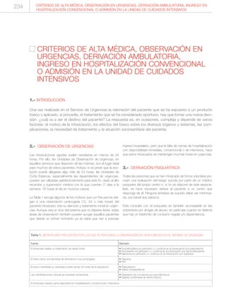 CRITERIOS DE ALTA MÉDICA, OBSERVACIÓN EN URGENCIAS, DERIVACIÓN AMBULATORIA, INGRESO EN
HOSPITALIZACIÓN CONVENCIONAL O ADMISIÓN EN LA UNIDAD DE CUIDADOS INTENSIVOS
234
2.- OBSERVACIÓN DE URGENCIAS
Las intoxicaciones agudas suelen resolverse en menos de 24
horas. Por ello, las Unidades de Observación de Urgencias, en
aquellos servicios que disponen de las mismas, son el lugar ideal
para muchos de estos pacientes. Incluso si se prevé que la evo-
lución puede alargarse algo más de 24 horas, las Unidades de
Corta Estancia, especialmente las dependientes de urgencias,
pueden ser utilizadas satisfactoriamente para este fin, dado el alto
recambio y supervisión médica con la que cuentan (7 días a la
semana, 16 horas al día en muchos casos).
La Tabla 1 recoge algunos de los motivos que con frecuencia obli-
gan a una observación prolongada (12, 24 o más horas) del
paciente intoxicado, tras su atención y tratamiento inicial en urgen-
cias. Aunque sea un vicio del sistema que no debiera darse, estas
áreas de observación también pueden acoger aquellos pacientes
que desde un primer momento ya se sabe que van a precisar
ingreso hospitalario, pero que la falta de camas de hospitalización
con disponibilidad inmediata, convencional o de intensivos, hace
que estos intoxicados se mantengan muchas horas en urgencias.
3.- DERIVACIÓN PSIQUIÁTRICA
Todas las personas que se han intoxicado de forma voluntaria pre-
cisan una evaluación del riesgo suicida por parte de un médico
psiquiatra del propio centro o, si no se dispone de este especia-
lista, se hace necesario derivar al paciente a un centro que
disponga de él. Ninguna tentativa de suicidio debe ser minimiza-
da, por banal que parezca.
Esta consulta con el psiquiatra es también aconsejable en las
sobredosis por drogas de abuso, en particular cuando se detecta
que hay un trasfondo de consumo regular y/o dependencia.
CRITERIOS DE ALTA MÉDICA, OBSERVACIÓN EN
URGENCIAS, DERIVACIÓN AMBULATORIA,
INGRESO EN HOSPITALIZACIÓN CONVENCIONAL
O ADMISIÓN EN LA UNIDAD DE CUIDADOS
INTENSIVOS
1.- INTRODUCCIÓN
Una vez realizada en el Servicio de Urgencias la valoración del paciente que se ha expuesto a un producto
tóxico y aplicado, si procedía, el tratamiento que se ha considerado oportuno, hay que tomar una nueva deci-
sión: ¿cuál va a ser el destino del paciente? La respuesta es, en ocasiones, compleja y depende de varios
factores: el motivo de la intoxicación, los efectos del tóxico sobre los diversos órganos y sistemas, las com-
plicaciones, la necesidad de tratamiento y la situación sociosanitaria del paciente.
Causa
El intoxicado realiza un tratamiento de varias horas
El tóxico tiene una semivida de eliminación muy prolongada
El tóxico manifiesta su toxicidad a partir de las 24 horas de la exposición
Las manifestaciones clínicas se resuelven lentamente
Tabla 1. MOTIVOS MÁS FRECUENTES POR LOS QUE SE PROLONGA LA OBSERVACIÓN DE UN INTOXICADO EN EL SERVICIO DE URGENCIAS.
Ejemplo
• N-acetilcisteína en perfusión i.v. contínua en la intoxicación por paracetamol
• Flumazenilo en perfusión i.v. contínua en la intoxicación por benzodiacepinas
• Naloxona en perfusión i.v. contínua en la intoxicación por opiáceos
• Digoxina
• Litio
• Paracetamol
• Setas ciclopeptídicas
• Depresión de conciencia por psicofármacos
• Ingesta combinada de varios tóxicos
El intoxicado espera cama disponible en hospitalización convencional o intensivos.
 