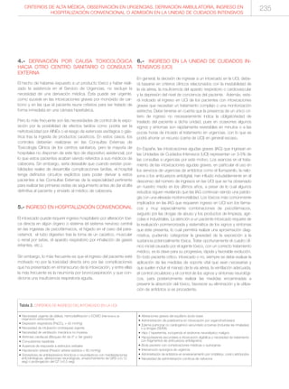 CRITERIOS DE ALTA MÉDICA, OBSERVACIÓN EN URGENCIAS, DERIVACIÓN AMBULATORIA, INGRESO EN
HOSPITALIZACIÓN CONVENCIONAL O ADMISIÓN EN LA UNIDAD DE CUIDADOS INTENSIVOS
235
4.- DERIVACIÓN POR CAUSA TOXICOLÓGICA
HACIA OTRO CENTRO SANITARIO O CONSULTA
EXTERNA
El hecho de haberse expuesto a un producto tóxico y haber reali-
zado la asistencia en el Servicio de Urgencias, no excluye la
necesidad de una derivación médica. Ésta puede ser urgente,
como sucede en las intoxicaciones graves por monóxido de car-
bono y en las que el paciente reune criterios para ser tratado de
forma inmediata en una cámara hiperbárica.
Pero lo más frecuente son las necesidades de control de la expo-
sición por la posibilidad de efectos tardíos como podría ser la
nefrotoxicidad por AINEs o el riesgo de estenosis esófagica o gás-
trica tras la ingesta de productos caústicos. En estos casos, los
controles deberían realizarse en las Consultas Externas de
Toxicología Clínica de los centros sanitarios, pero la mayoría de
hospitales no disponen de este tipo de dispositivo asistencial, por
lo que estos pacientes acaban siendo referidos a sus médicos de
cabecera. Sin embargo, sería deseable que cuando existan posi-
bilidades reales de desarrollar complicaciones tardías, el hospital
tenga definidos circuitos explícitos para poder derivar a estos
pacientes a las Consultas Externas de la especialidad pertinente
para realizar las primeras visitas de seguimiento antes de dar el alta
definitiva al paciente y enviarlo al médico de cabecera.
5.- INGRESO EN HOSPITALIZACIÓN CONVENCIONAL
El intoxicado puede requerir ingreso hospitalario por alteración tóxi-
ca directa en algún órgano o sistema (el sistema nervioso central
en las ingestas de psicofármacos, el hígado en el caso del para-
cetamol, el tubo digestivo tras la toma de un caústico, muscular
o renal por setas, el aparato respiratorio por inhalación de gases
irritantes, etc.).
Sin embargo, lo más frecuente es que el ingreso del paciente esté
motivado no por la toxicidad directa sino por las complicaciones
que ha presentado en el transcurso de la intoxicación, y entre ellas
la más frecuente es la neumonía por broncoaspiración y que con-
diciona una insuficiencia respiratoria aguda.
6.- INGRESO EN LA UNIDAD DE CUIDADOS IN-
TENSIVOS (UCI)
En general, la decisión de ingresar a un intoxicado en la UCI, debe-
rá basarse en criterios clínicos relacionados con la inestabilidad de
la vía aérea, la insuficiencia del aparato respiratorio o cardiovascular
y la depresión del nivel de conciencia del paciente. Además, esta-
rá indicado el ingreso en UCI de los pacientes con intoxicaciones
graves que necesitan un tratamiento complejo o una monitorización
estrecha. Debe tenerse en cuenta que la presencia de un único cri-
terio de ingreso no necesariamente indica la obligatoriedad de
traslado del paciente a dicha unidad, pues en ocasiones algunos
signos y síntomas son rápidamente reversibles en minutos o a las
pocas horas de iniciado el tratamiento en urgencias, con lo que se
podrá ahorrar un recurso (cama de UCI) en general escaso.
En España, las intoxicaciones agudas graves (IAG) que ingresan en
las Unidades de Cuidados Intensivos (UCI) representan un 3-5% de
las consultas a urgencias por este motivo. Los avances en el trata-
miento de las intoxicaciones agudas graves, en particular el uso en
los servicios de urgencias de antídotos como el flumazenilo, la nalo-
xona o los anticuerpos antidigital, han influido indudablemente en el
descenso del número de ingresos en las UCI que se ha observado
en nuestro medio en los últimos años, a pesar de lo cual algunos
estudios siguen revelando que las IAG continúan siendo una patolo-
gía con una elevada morbimortalidad. Los tóxicos más comúnmente
implicados en las IAG que requieren ingreso en UCI son los fárma-
cos y muy especialmente combinaciones de psicofármacos,
seguido por las drogas de abuso y los productos de limpieza, agrí-
colas e industriales. La atención a un paciente intoxicado requiere de
la evaluación pormenorizada y sistemática de los signos y síntomas
que éste presenta, lo cual permitirá realizar una aproximación diag-
nóstica, pudiendo categorizar la gravedad de la exposición a la
sustancia potencialmente tóxica. Tratar oportunamente el cuadro clí-
nico inicial causado por el agente tóxico, con un correcto tratamiento
médico, es la clave para su progresiva, rápida y favorable evolución.
En todo paciente crítico, intoxicado o no, siempre se debe evaluar la
aplicación de las medidas de soporte vital que sean necesarias y
que suelen incluir el manejo de la vía aérea, la ventilación adecuada,
el control circulatorio y el control de los signos y síntomas neurológi-
cos, para posteriormente realizar las medidas encaminadas a
prevenir la absorción del tóxico, favorecer su eliminación y la utiliza-
ción de antídotos si es procedente.
• Necesidad urgente de diálisis, hemodiafiltración o ECMO (Membrana de
oxigenación extracorpórea)
• Depresión respiratoria (PaCO2 > 45 mmHg)
• Necesidad de intubación orotraqueal urgente
• Necesidad de ventilación mecánica no invasiva
• Arritmias cardíacas (Bloqueo AV de 2º o 3er grado)
• Convulsiones repetidas
• Ausencia de respuesta a estímulos verbales
• Hipotensión arterial (Presión arterial sistólica < 80 mmHg)
• Sobredosis de antidepresivos tricíclicos o neurolépticos con manifestaciones
anticolinérgicas, alteraciones neurológicas, ensanchamiento de QRS (>0,12
seg) o prolongación del QT (>0,5 seg)
Tabla 2. CRITERIOS DE INGRESO DEL INTOXICADO EN LA UCI.
• Alteraciones graves del equilibrio ácido-base
• Administración de pralidoxima en intoxicación por organofosforados
• Edema pulmonar no cardiogénico secundario a toxinas (incluidas las inhaladas)
o a drogas (SDRA)
• Hipo / hipertermia, incluyendo el síndrome neuroléptico maligno
• Hipopotasemia secundaria a intoxicación digitálica o necesidad de tratamiento
con fragmentos de anticuerpos antidigoxina.
• Body packers con complicaciones médicas o quirúrgicas
• Intervención quirúrgica de urgencia
• Administración de antídotos en envenenamiento por crotálidos, coral o artrópodos
• Necesidad de administración continua de naloxona
 