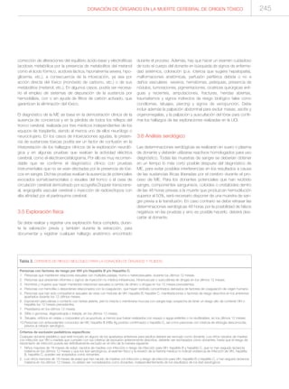 DONACIÓN DE ÓRGANOS EN LA MUERTE CEREBRAL DE ORIGEN TÓXICO 245
corrección de alteraciones del equilibrio ácido-base y electrolíticas
(acidosis metabólica por la presencia de metabolitos del metanol
como el ácido fórmico, acidosis láctica, hiponatremia severa, hipo-
glicemia, etc.), a consecuencia de la intoxicación, ya sea por
acción directa del tóxico (monóxido de carbono, etc.) o de sus
metabolitos (metanol, etc.). En algunos casos, podría ser necesa-
rio el empleo de sistemas de depuración de la sustancia por
hemodiálisis, con o sin ayuda de filtros de carbón activado, que
garanticen la eliminación del tóxico.
El diagnóstico de la ME se basa en la demostración clínica de la
ausencia de conciencia y en la pérdida de todos los reflejos del
tronco cerebral, realizada por tres médicos independientes de los
equipos de trasplante, siendo al menos uno de ellos neurólogo o
neurocirujano. En los casos de intoxicaciones agudas, la presen-
cia de sustancias tóxicas podría ser un factor de confusión en la
interpretación de los hallazgos clínicos de la exploración neuroló-
gica y en algunas pruebas que evalúan la actividad eléctrica
cerebral, como el electroencefalograma. Por ello es muy recomen-
dable que se confirme el diagnóstico clínico con pruebas
instrumentales que no se vean afectadas por la presencia de tóxi-
cos en sangre. Dichas pruebas evalúan la ausencia de potenciales
evocados somatosensoriales o visuales del tronco o el cese de
circulación cerebral demostrado por ecografía Doppler transcrane-
al, angiografía vascular cerebral o inyección de radioisótopos con
alta afinidad por el parénquima cerebral.
3.5 Exploración física
Se debe realizar y registrar una exploración física completa, duran-
te la valoración previa y también durante la extracción, para
documentar y registrar cualquier hallazgo anatómico encontrado
durante el proceso. Además, hay que hacer un examen cuidadoso
de todo el cuerpo del donante en búsqueda de signos de enferme-
dad sistémica, coloración (p.e. ictericia que sugiera hepatopatía),
malformaciones anatómicas, perfusión periférica debida o no a
daños vasculares severos, hematomas, petequias, presencia de
nódulos, tumoraciones, pigmentaciones, cicatrices quirúrgicas anti-
guas y recientes, amputaciones, fracturas, heridas abiertas,
traumatismos y signos indirectos de riesgo biológico tales como
condilomas, tatuajes, piercing y signos de venopunción. Debe
incluir además la palpación abdominal para excluir masas, ascitis y
organomegalias, y la palpación y auscultación del tórax para confir-
mar los hallazgos de las exploraciones realizadas en la UCI.
3.6 Análisis serológico
Las determinaciones serológicas se realizarán en suero o plasma
de donante y deberán utilizarse reactivos homologados para uso
diagnóstico. Todas las muestras de sangre se deberían obtener
en un tiempo lo más corto posible después del diagnóstico de
ME, para evitar posibles interferencias en los resultados a causa
de las sustancias líticas liberadas por el cerebro durante el pro-
ceso de ME. Para los donantes potenciales que han recibido
sangre, componentes sanguíneos, coloides o cristaloides dentro
de las 48 horas previas a la muerte que produzcan hemodilución
superior al 50%, será necesario disponer de una muestra de san-
gre previa a la transfusión. En caso contrario se debe retrasar las
determinaciones serológicas 48 horas por la posibilidad de falsos
negativos en las pruebas y sino es posible hacerlo, deberá des-
cartar al donante.
Tabla 2. CRITERIOS DE RIESGO BIOLÓGICO PARA LA DONACIÓN DE ÓRGANOS Y TEJIDOS.
Personas con factores de riesgo por VIH y/o Hepatitis B y/o Hepatitis C:
1. Personas que mantienen relaciones sexuales con múltiples parejas, homo o heterosexuales, durante los últimos 12 meses.
2. Personas que presentan informes o signos de inyección no médica intravenosa, intramuscular o subcutánea de drogas en los últimos 12 meses.
3. Hombres y mujeres que hayan mantenido relaciones sexuales a cambio de dinero o drogas en los 12 meses precedentes.
4. Personas con hemofilia o desordenes relacionados con la coagulación, que hayan recibido concentrados derivados de factores de coagulación de origen humano.
5. Personas que han sido compañeros sexuales de otras con historial de VIH, hepatitis B, hepatitis C, manifestaciones o factores de riesgo descritos en los anteriores
apartados durante los 12 últimos meses.
6. Exposición percutánea o contacto con herida abierta, piel no intacta o membrana mucosa con sangre bajo sospecha de tener un riesgo alto de contener VIH o
hepatitis los 12 meses precedentes.
7. Presidiarios en los últimos 12 meses.
8. Sífilis o gonorrea, diagnosticada o tratada, en los últimos 12 meses.
9. Tatuajes, orificios en orejas o corporales y/o acupuntura, a menos que fueran realizados con equipo o aguja estériles o no reutilizables, en los últimos 12 meses.
10.Personas con antecedentes conocidos de HIV, hepatitis B (HBs Ag positivo confirmado) o hepatitis C, así como personas con ictericia de etiología desconocida,
previos al cribado serológico.
Criterios de exclusión pediátricos específicos:
Cualquier donante pediátrico que esté incluido en alguno de los apartados anteriores para adultos deberá ser excluido como donante. Los niños nacidos de madres
con infección por VIH o madres que cumplen con los criterios de exclusión anteriormente descritos, deberán ser rechazados como donantes, hasta que el riesgo de
transmisión de infección pueda ser definitivamente excluido en el niño de la manera siguiente:
1. Niños mayores de 18 meses de edad, nacidos de madres con infección o riesgo de infección para VIH, hepatitis B y hepatitis C, que no han seguido lactancia
materna en los últimos 12 meses y que los test serológicos, el examen físico y la revisión de la historia médica no indican evidencia de infección de VIH, hepatitis
B, hepatitis C, pueden ser aceptados como donantes.
2. Los niños menores de 18 meses de edad que han nacido de madres con infección o riesgo de infección para VIH, hepatitis B o hepatitis C, o han seguido lactancia
materna en los últimos 12 meses, no deben ser considerados como donantes, independientemente de los resultados de los test serológicos.
 