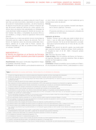 dudas a los profesionales que presten la atención inicial. El resul-
tado final, y por tanto el pronóstico, dependerán en buena medida
de la atención inicial prestada al paciente, y de ahí la importancia
de disponer de protocolos que pueden contribuir a mejorar la cali-
dad del proceso asistencial, disminuir los costos guiando a los
clínicos hacia una práctica más estandarizada con estrategias de
coste-efectividad, facilitar la asignación eficiente de recursos, rea-
lizar medidas más válidas y compartables de procesos clínicos y
sus resultados, y corregir y mejorar la organización interna de los
Servicios.
Este indicador es un índice que permite conocer el porcentaje de
intoxicados para los cuales se dispone de protocolo. Pero si el
Servicio de Urgencias carece de protocolos asistenciales toxico-
lógicos, además de no poder medir el “Índice”, expresa una
carencia inadmisible y, por ello, se convierte al mismo tiempo en
un indicador “Centinela”.
INDICADOR Nº 2.-
El Servicio de Urgencias y/o el Servicio de Farmacia
dispone del antídoto necesario para tratar el paciente
intoxicado.
Area/Dimensión: Adecuación. Continuidad. Seguridad (no riesgo).
Accesibilidad. Efectividad. Eficacia.
Justificación: Ha de estar definida y protocolizada la existencia de
un stock mínimo de antídotos según el nivel asistencial que le
corresponda al centro de atención.
Fórmula:
Nº pacientes en los que el antídoto necesario está disponi-
ble en Servicio Urgencias / Farmacia
------------------------------------------------------------ x 100
Nº pacientes atendidos por una intoxicación y tributarios de
antídotos en el mismo tiempo
Explicación de términos:
- Antídoto: Fármaco que se utiliza para revertir el efecto de un
tóxico, o que se utiliza para el tratamiento específico de un
paciente intoxicado. Han de ser de fácil disposición y accesibi-
lidad para el personal sanitario las 24 horas del día y los 365
días del año.
Población: Todo servicio de atención urgente, que pueda asistir
algún paciente intoxicado: Asistencia primaria, Centro penitencia-
rio, Hospital de nivel I, II, III, 061, SEM o transporte sanitario
medicalizado.
Tipo: Estructura. Recursos. Índice.
Fuente de datos: Stock de antídotos del Servicio de Farmacia o
de Urgencias. Manuales o protocolos existentes. Datos de alguna
comisión de Toxicovigilancia o similar.
Estándar: ≥ 90%
Comentarios: El listado de antidótos que se muestra en la Tabla 2,
es una propuesta de dotación mínima, y está basada en un docu-
1 El Servicio de Urgencias dispone de un protocolo asistencial de tratamiento específico del tóxico responsable de la intoxicación.
2 El Servicio de Urgencias y/o el Servicio de Farmacia dispone del antídoto necesario para tratar al paciente intoxicado.
3 El Laboratorio de Urgencias y/o de Toxicología dispone del método analítico que permite determinar con carácter de urgencia, de forma cualitativa o cuantitativa,
la presencia del tóxico.
4 El Servicio de Urgencias dispone de sonda orogástrica para realizar el lavado gástrico.
5 Hay constancia en el informe asistencial de que se ha practicado un ECG a todo paciente que consulta por una intoxicación por agentes cardiotóxicos.
6 La descontaminación digestiva ha sido indicada correctamente a los pacientes que consultan por una intoxicación medicamentosa aguda.
7 La diuresis forzada ha sido indicada correctamente a los pacientes que consultan por una intoxicación aguda.
8 La depuración artificial ha sido indicada correctamente a los pacientes que consultan por una intoxicación aguda.
9 La administración de carbón activado como método de descontaminación digestiva, no ha generado una broncoaspiración del mismo.
10 El intoxicado por monóxido de carbono recibe oxigenoterapia precoz con FiO2 >0,8 durante un mínimo de 6 horas, con una mascarilla con reservorio (si no está
intubado) o con una FiO2 de 1 (si está intubado).
11 No se ha administrado flumazenilo a pacientes con una puntuación del nivel de conciencia medido a través de la escala de Glasgow >12 puntos ni a pacientes
que han convulsionado previamente en el curso clínico de su intoxicación.
12 No se ha administrado naloxona a pacientes con un nivel de conciencia medido a través de la escala de Glasgow >12 puntos.
13 No se ha realizado una extracción de sangre para determinar la concentración plasmática de paracetamol, antes de que hayan transcurrido 4 horas desde la ingesta
de una dosis única y potencialmente tóxica del fármaco.
14 El intervalo de tiempo entre la llegada del intoxicado al Servicio de Urgencias y la primera atención es <15 minutos.
15 El intervalo de tiempo entre la llegada del paciente al Servicio de Urgencias y el inicio de la descontaminación ocular o cutánea es <20 minutos.
16 El intervalo de tiempo entre la llegada del paciente al Servicio de Urgencias y el inicio de la descontaminación digestiva es <20 minutos.
17 Hay constancia documental de que el paciente atendido por una intoxicación aguda voluntaria con ánimo suicida, ha sido valorado por el psiquiatra antes de ser
dado de alta.
18 Hay constancia documental de que se ha cursado un parte judicial, si se ha atendido un paciente por una intoxicación de intencionalidad suicida, criminal, laboral,
accidental epidémica, body packer, body stuffer o cualquier tipo de intoxicación que evolucione mortalmente.
19 Quejas o reclamaciones relacionadas con la asistencia del paciente intoxicado en el Servicio de Urgencias.
20 La mortalidad por intoxicación medicamentosa aguda es <1%.
21 La mortalidad por intoxicación no medicamentosa aguda es <3%.
22 Se ha cumplimentado el conjunto mínimo de datos del paciente intoxicado en el informe asistencial del Servicio de Urgencias.
23 Formación continuada del personal médico y de enfermería de Urgencias, en Toxicología Clínica.
24 Publicación de trabajos de investigación o notas clínicas en revistas biomédicas o de enfermería, por parte del personal asistencial de Urgencias.
Tabla 1. INDICADORES DE CALIDAD ASISTENCIAL TOXICOLÓGICA EN LOS SERVICIOS DE URGENCIAS.
–
–
–
INDICADORES DE CALIDAD PARA LA ASISTENCIA URGENTE DE PACIENTES
CON INTOXICACIONES AGUDAS
269
 