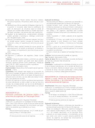 INDICADORES DE CALIDAD PARA LA ASISTENCIA URGENTE DE PACIENTES
CON INTOXICACIONES AGUDAS
283
• Constantes clínicas: Presión arterial, Frecuencia cardíaca,
Frecuencia respiratoria y Temperatura. Deben estar las 4 cons-
tantes.
• Manifestaciones clínicas presentes a la llegada.a Urgencias. En
el paciente no consciente, debe incluir la cuantificación del
grado de disminución de conciencia según la escala de
Glasgow. Se considera válida también la completa descripción
del estado neurológico, que permite inferir esta cuantificación.
• Resultado de las exploraciones complementarias solicitadas
(análisis generales y toxicológicos, radiología convencional,
TAC, fibrogastroscopia u otras).
• Técnicas y procedimientos de enfermería realizados (vía veno-
sa, sondaje vesical o gástrico, recogida de muestras, ECG,
contención u otras), con especificación de la hora a la que se
realizan.
• Tratamiento médico aplicado (medidas de soporte general, de
descontaminación, de aumento de eliminación, de antídotos u
otras medidas), con especificación de la hora a la que se pres-
criben.
• Destino del paciente.
• Diagnóstico y codificación del diagnóstico. Deben constar
ambos.
Población: Cualquier facultativo (médico o enfermero) de cualquier
servicio de atención urgente, que pueda asistir algún paciente
intoxicado: Asistencia primaria, Centro penitenciario, Hospital de
nivel I, II, III, 061, SEM o transporte sanitario medicalizado.
Tipo: Resultado. Administrativo. Índice
Fuente de datos: Historia clínica. Informe asistencial de Urgencias.
Estándar: > 80 %.
Comentarios: Este indicador está basado en la propuesta de
CMD de los Hospitales de Agudos de Cataluña, publicado por el
Servicio de Salud del año 2003, con el objetivo de disponer de un
exhaustivo banco de datos, que sea válido para evaluar la activi-
dad y para planificar los recursos.
El informe de Urgencias se supone que genera automáticamente
el nombre del paciente, su sexo y edad, y el día y la hora de la
consulta. Se considera también que han de ser identificables el
nombre del médico y de la enfermera responsable o sus números
de matrícula.
INDICADOR Nº 23.-
Formación continuada del personal médico y de
enfermería de Urgencias, en Toxicología Clínica.
Area/Dimensión: Adecuación. Seguridad. Efectividad.
Justificación: La participación en actividades formativas realizadas
fuera o dentro de la institución donde el personal asistencial está
trabajando, implica una adquisición de conocimientos que redun-
dará en los pacientes que se atiendan en un futuro.
Fórmula:
Personal asistencial de Urgencias, con ≥ 1 crédito de acti-
vidad formativa en Toxicología Clínica
-------------------------------------------------------------- x 100
Nº total de personal asistencial de Urgencias
Explicación de términos:
- Personal asistencial: Médicos y enfermeras que desarrollan su
principal actividad asistencial en el Servicio de Urgencias.
- Actividad formativa: Curso, Jornada, Symposium, Sesión o
Conferencia dedicada a un tema de formación continuada en
Toxicología Clínica, que esté acreditado por una institución sani-
taria pública u otro organismo capacitado para conceder
acreditación formativa. Incluye tanto a los asistentes como a los
ponentes.
- Crédito: Equivaldrán a 1 crédito cualquiera de las siguientes
actividades:
A) Participación (10 horas, que pueden ser por acumulación)
como asistente o como docente a un Curso, Jornada,
Symposium, Sesión Científica o Conferencia de Toxicología
Clínica
B) Autor o coautor de un artículo de formación continuada en
Toxicología Clínica (revisión o editorial) publicado en una revista
biomédica o de enfermería.
C) Autor o coautor de un capítulo de Toxicología Clínica en un
libro.
Población: Personal asistencial de plantilla de Urgencias.
Tipo: Resultado. Administrativo. Índice.
Fuente de datos: Memoria de actividades docentes del Servicio
de Urgencias. Curriculum vitae del personal.
Estándar: ≥ 5%
Comentarios: La participación en actividades docentes es un índi-
ce de la inquietud del personal y de la voluntad del Servicio por
mejorar su formación. Además de adquirir nuevos conocimientos
y maneras de actuar, crea lazos profesionales e institucionales,
contribuyendo a mejorar la calidad global del Servicio.
INDICADOR Nº 24.- Publicación de trabajos de inves-
tigación o notas clínicas de Toxicología Clínica en
revistas biomédicas o de enfermería, por parte del
personal asistencial de Urgencias.
Area/Dimensión: Adecuación. Seguridad. Efectividad.
Justificación: La investigación es un hecho motivador y la investi-
gación clínica aporta resultados que pueden modificar la práctica
diaria y mejorar la calidad asistencial.
Fórmula:
Nº de trabajos de investigación o notas clínicas publicadas
en un año en revistas biomédicas o de enfermería
------------------------------------------------------------- x 100
Nº total de personal asistencial de Urgencias
Explicación de términos:
Personal asistencial: Médicos y enfermeras que desarrollan su
principal actividad asistencial en el Servicio de Urgencias.
Trabajo de investigación: Manuscrito original de investigación
sobre aspectos epidemiológicos, clínicos, técnicos, terapéuti-
cos o de cuidados relacionados con la toxicología clínica,
publicado en una revista biomédica o de enfermería y en los
que conste como autor o co-autor personal asistencial del
Servicio de Urgencias. Se excluyen las comunicaciones a
Congresos, Reuniones y Symposiums.
 