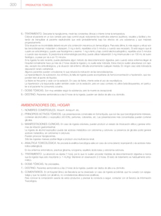 300 PRODUCTOS TÓXICOS
6.- TRATAMIENTO. Descartar la hipoglucemia, medir las constantes clínicas e intente tomar la temperatura.
Colocar al paciente en un box cerrado pero bajo control visual, reduciendo los estímulos externos (auditivos, visuales y táctiles) y tra-
tando de tranquilizar al paciente explicándole que está (probablemente) bajo los efectos de una substancia y que mejorará
progresivamente.
Si la situación es incontrolable deberá recurrir a la contención mecánica y/o farmacológica. Para esta última, lo más seguro y eficaz son
las benzodiacepinas: midazolam o diazepam, 5 mg iv lento, repetibles a los 5 minutos o cuando sea necesario. Si está seguro que el
cuadro es anticolinérgico, puede usar fisostigmina o eserina: 1 mg iv lento y bajo control electrocadiográfico, repetible a los 5 minutos
o cuando sea necesario. Si predomina la sintomatología psicótica, puede utilizar haloperidol: 5 mg intramuscular o en 100 mL de suero
fisiológico, a pasar por vía iv en 15 minutos.
Si la ingesta ha sido reciente, puede plantearse algún método de descontaminación digestiva, pero cuando estos enfermos llegan al
Hospital normalmente hace ya más de 2 horas desde la ingesta y no suele estar indicada. Estos tóxicos suelen absorberse con rapi-
dez, excepto los anticolinérgicos, y la situación del enfermo dificulta enormemente cualquier medida. En ningún caso está indicada la
depuración renal o extrarrenal.
Algunos pacientes pueden convulsionar, lo que refuerza la indicación de las benzodiacepinas.
La hiperventilación, la sudoración, los vómitos y la falta de ingesta puede acompañarse de hemoconcentración e hipotensión, que res-
ponden bien al aporte de líquidos.
La fiebre es frecuente y cede con la sedación. En caso de fiebre, intente evitar el uso de neurolépticos.
La hipertensión y la taquicardia suelen también ceder con la sedación, pero en caso contrario no utilice beta-bloqueantes, en particu-
lar si el paciente ha consumido cocaína.
7.- DOSIS TÓXICAS. Son muy variables según la substancia, pero la muerte es excepcional.
8.- DESTINO. Pacientes asintomáticos a las 6 horas de la ingesta, pueden ser dados de alta a su domicilio.
AMBIENTADORES DEL HOGAR
1.- NOMBRES COMERCIALES. Wizard®, Ambipur®, etc.
2.- PRINCIPIOS ACTIVOS TÓXICOS. Las presentaciones comerciales en forma líquida, que son las que toxicológicamente interesan,
contienen alcohol etílico o isopropílico (40-50%), perfumes, colorantes, etc. Las presentaciones más concentradas pueden contener
glicoles.
3.- MANIFESTACIONES CLÍNICAS. En caso de ingesta voluntaria, pueden producir un estado de intoxicación etílica y generar sínto-
mas de irritación gastrointestinal.
La ingesta de alcohol isopropílico puede dar acidosis metabólica con cetonemia y cetonuria. La presencia de glicoles podrá generar
acidosis metabólica, sin cetonemia ni cetonuria.
Pueden provocar hipoglucemias.
Sólo las ingestas masivas podrían llegar a producir una insuficiencia renal.
4.- ANALÍTICA TOXICOLÓGICA. No procede la analítica toxicológica salvo en caso de coma (etanol, isopropanol) o de acidosis meta-
bólica (etilenglicol).
En los enfermos sintomáticos, practicar glicemia, ionograma, equilibrio ácido-base y cetonemia-cetonuria.
5.- TRATAMIENTO. La absorción es rápida (1 hora), por lo que no suelen proceder medidas de descontaminación digestiva a menos
que la ingesta haya sido importante (> 1 mL/Kg). Mantener en observación 2-3 horas. El resto de tratamiento es habitualmente sinto-
mático.
6.- DOSIS TÓXICAS. No precisables.
7.- DESTINO. Pacientes asintomáticos a las 3 horas de la ingesta, pueden ser dados de alta a su domicilio.
8.- COMENTARIOS. En el Hospital Clínico de Barcelona se ha observado un caso de ingesta accidental, que ha cursado con epigas-
tralgia y que ha cedido con alcalinos, no constatándose alteraciones analíticas.
Para conocer la composición exacta de estos productos y precisar la conducta a seguir, contactar con el Servicio de Información
Toxicológica.
 